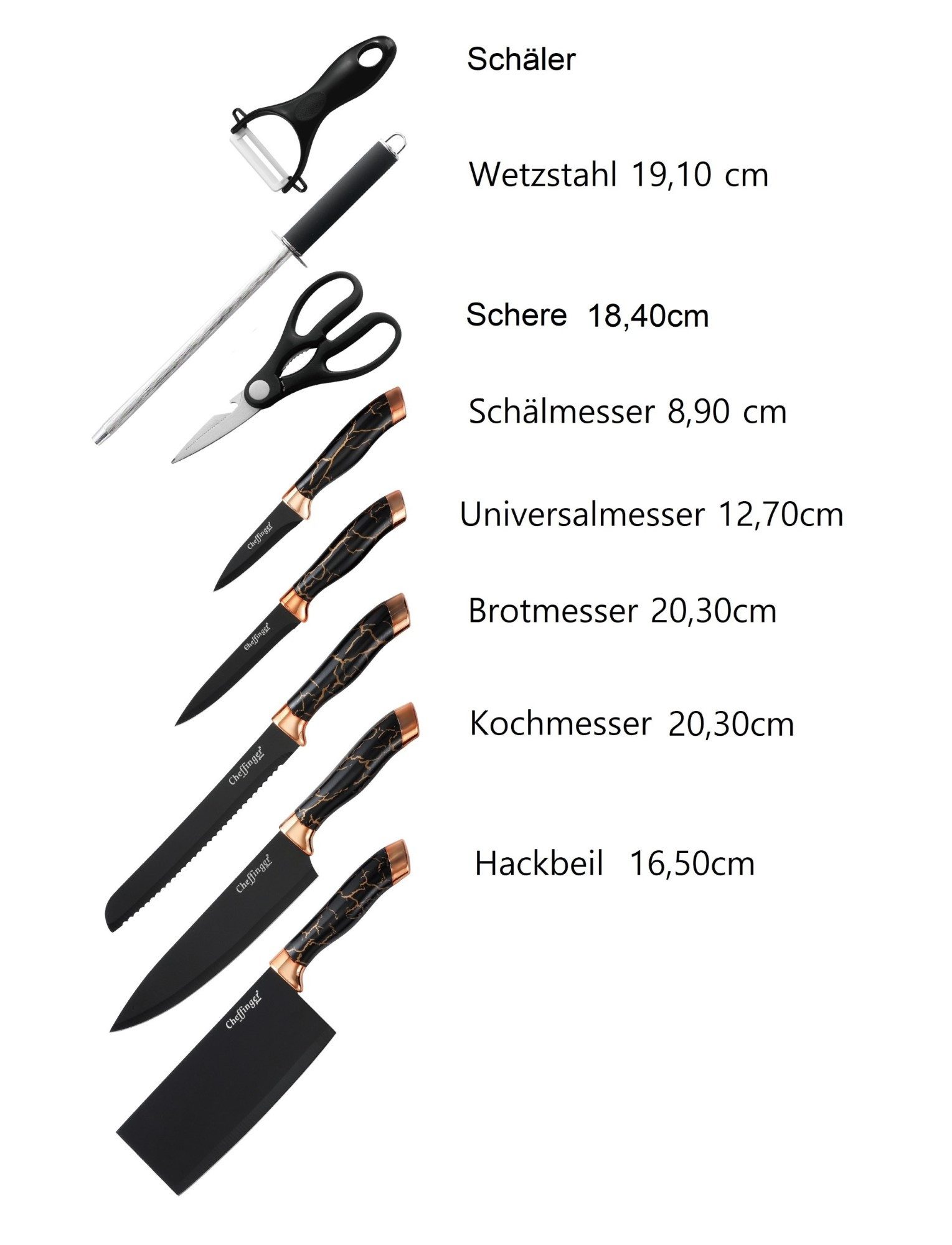 Cheffinger Messer-Set 9 tlg. Messerständer drehbar Messerblock Marmor Gold (9-tlg)