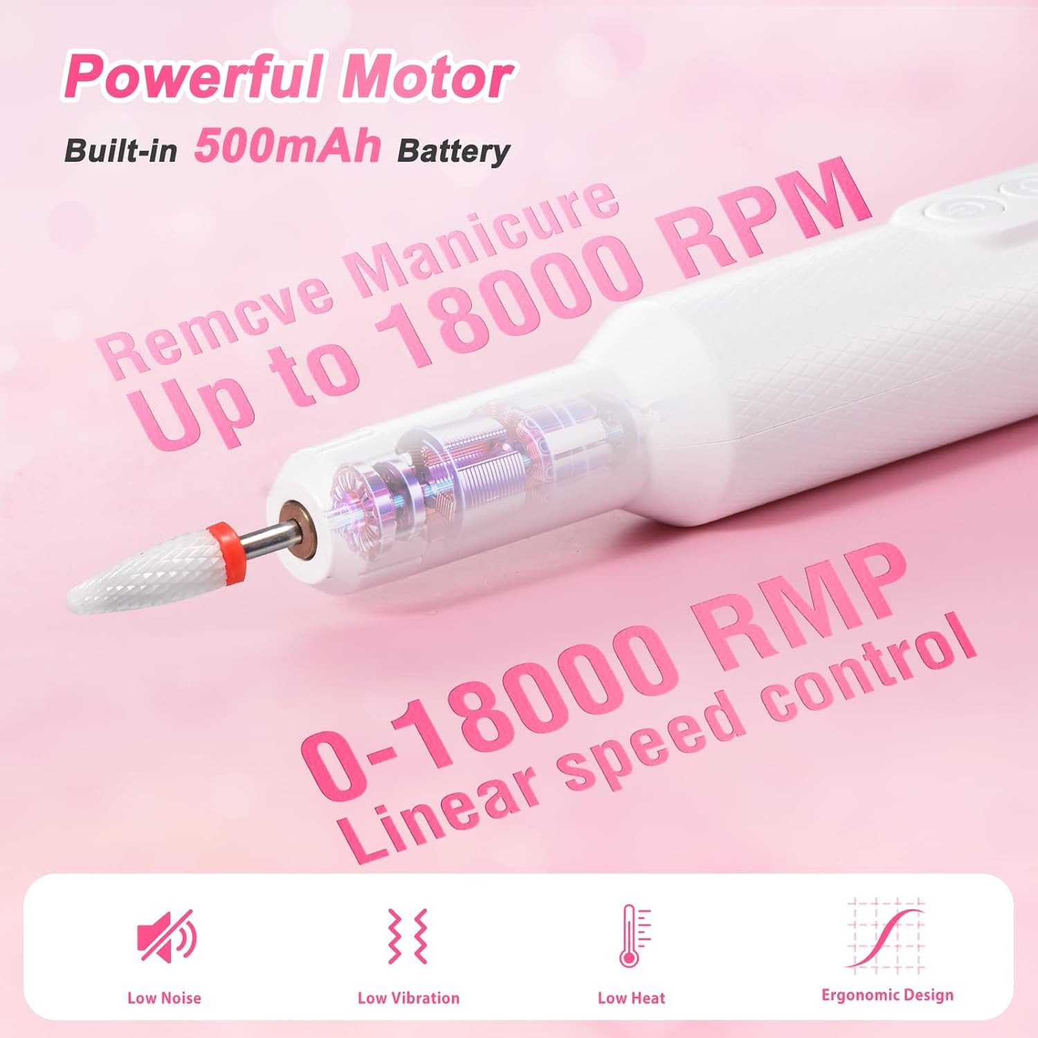 ibettertec Maniküre-Pediküre-Set Maniküre-Pediküre-Set Elektrischer Nagelfräser 18000 U/min Nagelfräser, Nagelfeile + 6 Aufsätze + Ladestation + USB-Ladekabel, USB-Ladung, Vor-/Rücklauf, LED-Anzeige, rutschfestes Griffdesign