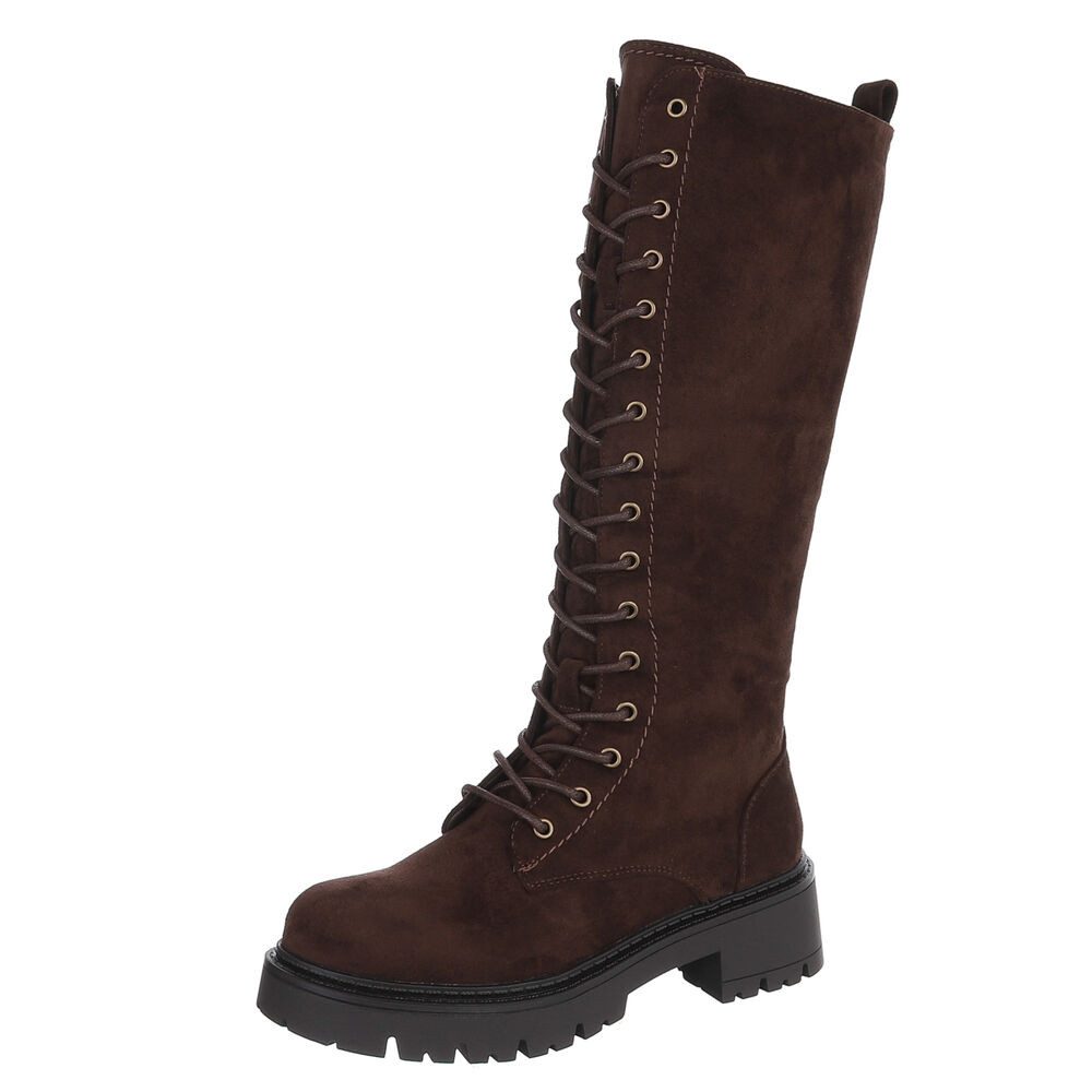 Ital-Design Kniehoher Damen Schnürstiefel mit Profilsohle Plateaustiefel (92422308) Blockabsatz Stiefel in Braun