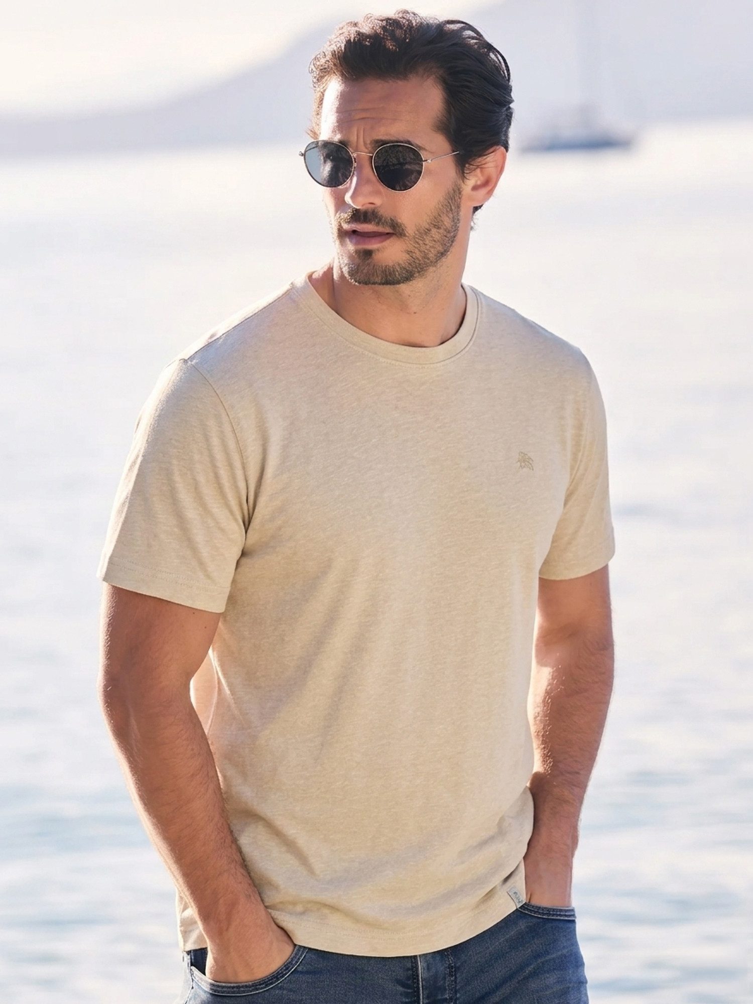 LERROS Rundhalsshirt T-Shirt aus Baumwoll-Leinen-Mix in moderner 2-Tone-Optik