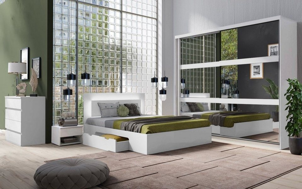 Möbel für Dich Komplettschlafzimmer Fino weiß, (5-teilig), Bett mit  Schubladen, Schiebetürenschrank mit Spiegel, Kommode