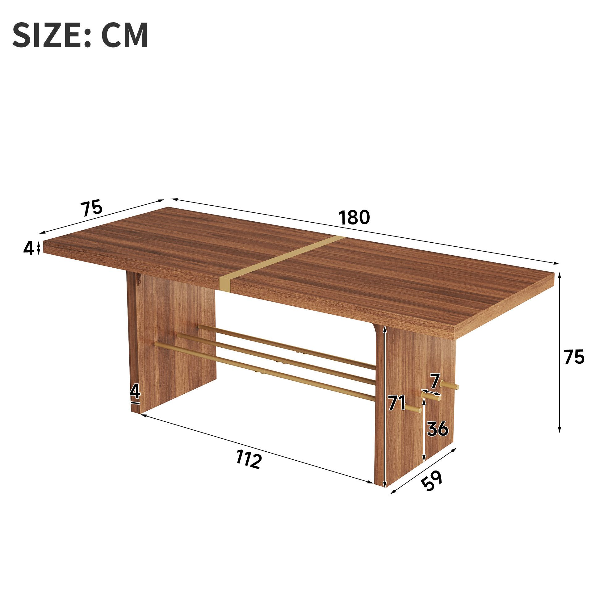 REDOM Esstisch Moderner Essraumtisch mit 4 cm dicker Walnuss-Platte (Packung, 1-St., Walnuss & Gold, 180×75×75 cm, für gesellige Runden), goldene Querstrebe, elegantes Kontrast-Design