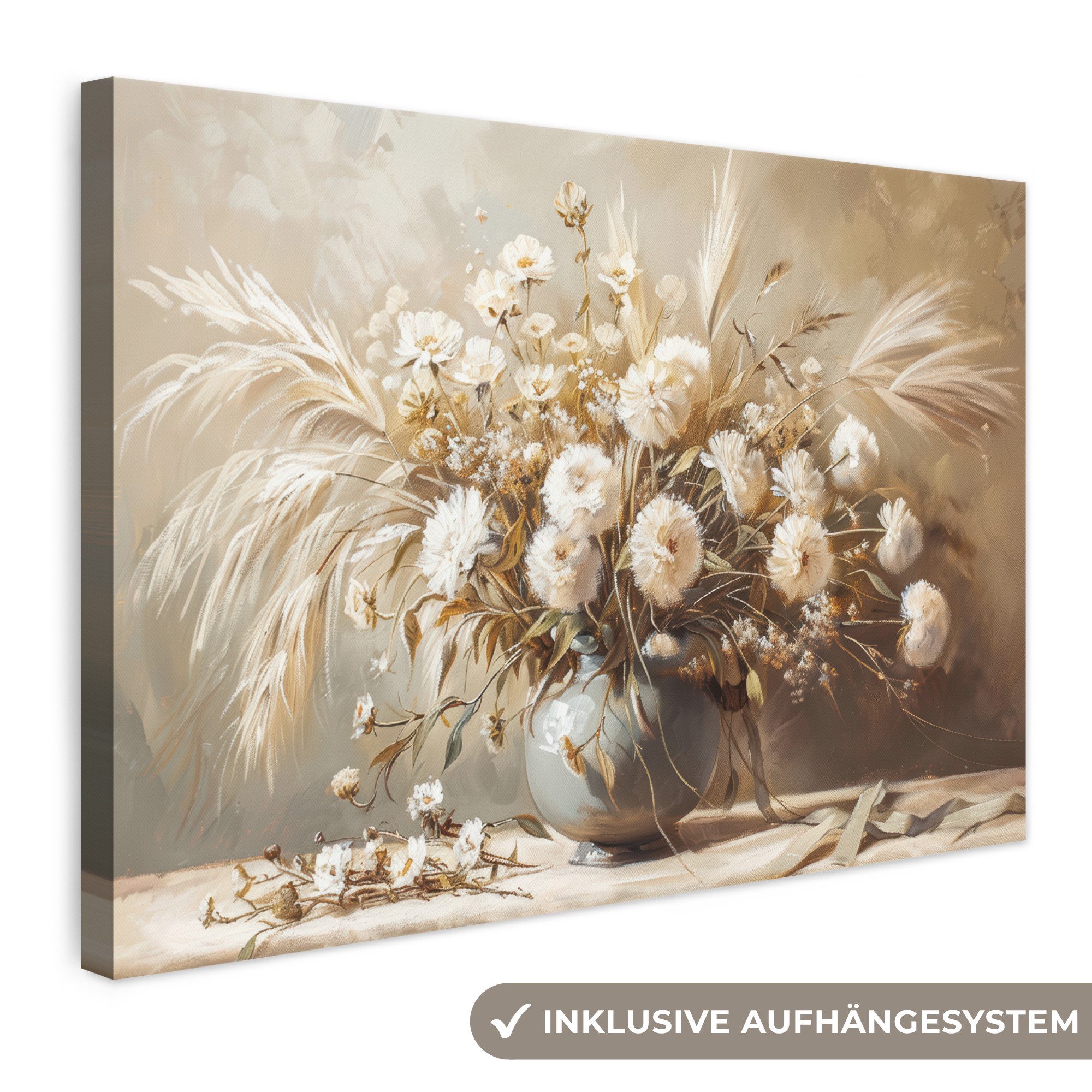 OneMillionCanvasses® Leinwandbild Blumen - Vase - Stilleben - Beige, Fotodruck (1 St), Leinwand Bilder Klein, Wand Dekoration Aesthetic 30x20 cm