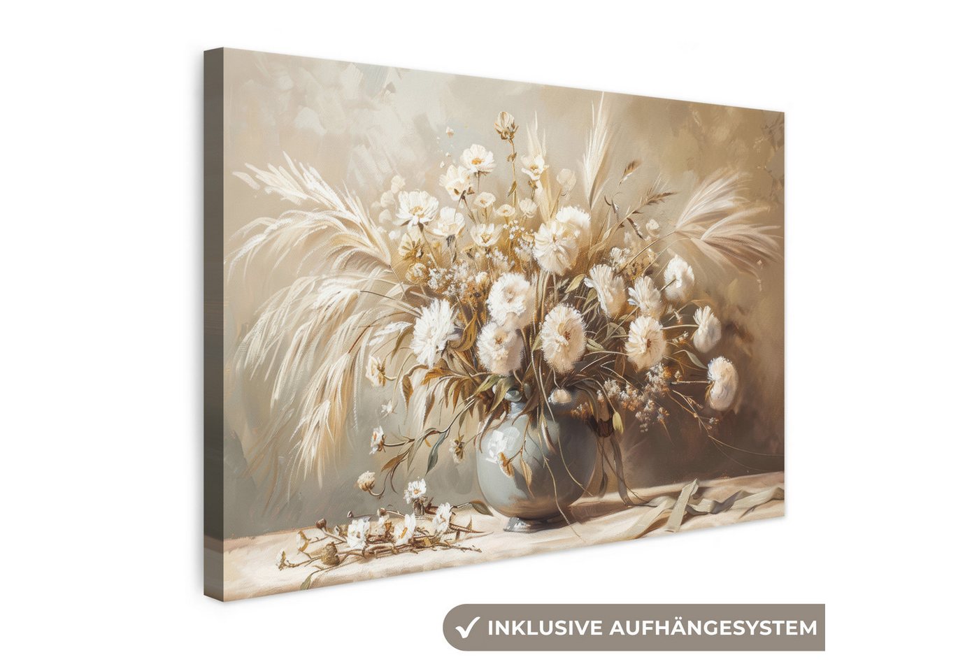 OneMillionCanvasses® Leinwandbild Blumen - Vase - Stilleben - Beige, Fotodruck (1 St), Leinwand Bilder Klein, Wand Dekoration Aesthetic 30x20 cm