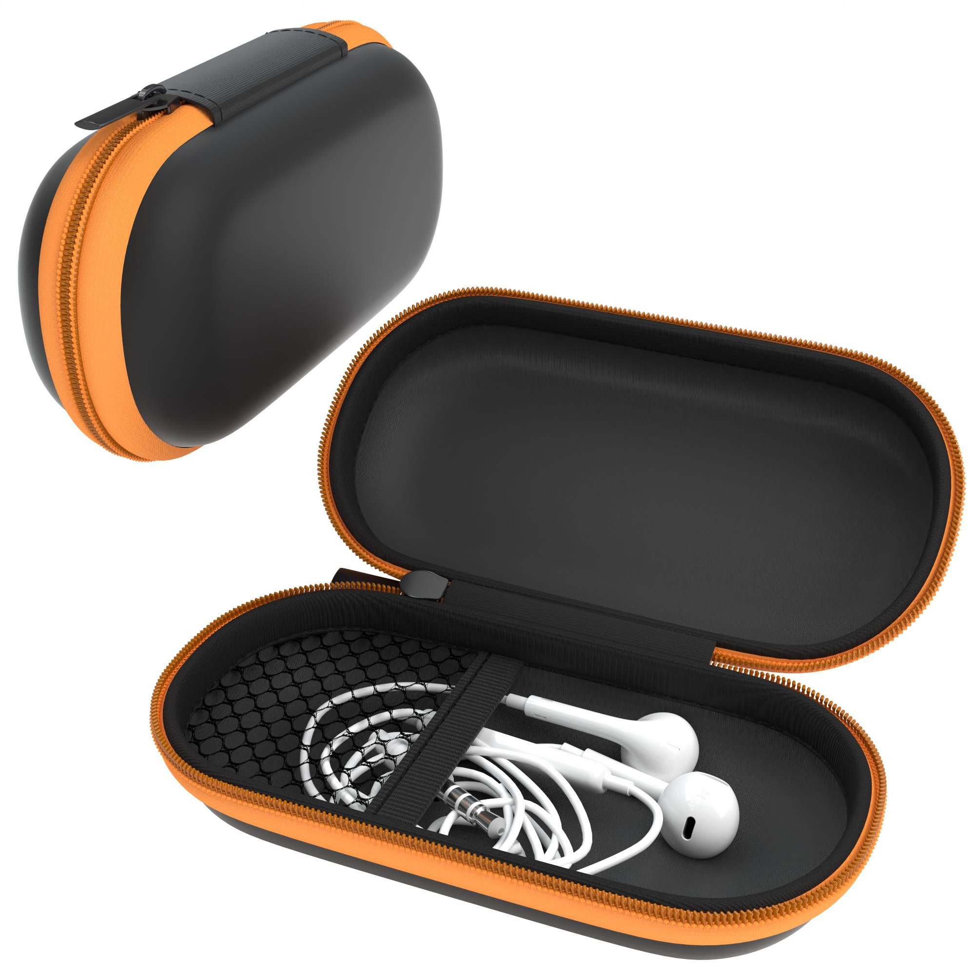 EAZY CASE Kopfhörer-Schutzhülle Universal Tasche für In-Ear Kopfhörer mit Netzfach, Cover für Kopfhörer Reißverschluss rundum Schutz Netzfach oval Orange