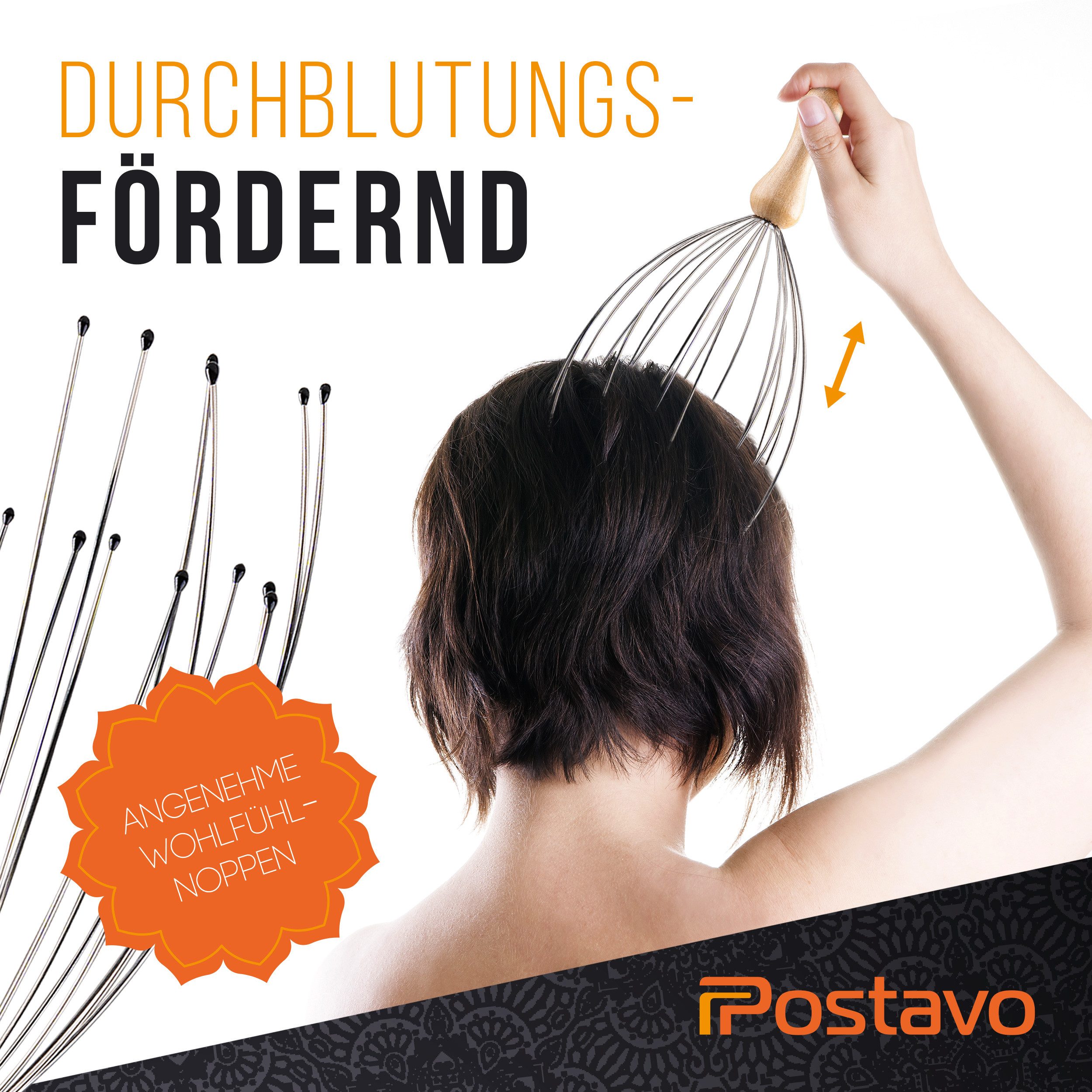 Postavo Massagegerät Kopf Spinne - Kopfmassagegerät mit 20 Fingern & Holz- & Edelstahlgriff, durchblutungsfördernd, ergonomisch, 2 Massageebenen – Bild 4 von 5