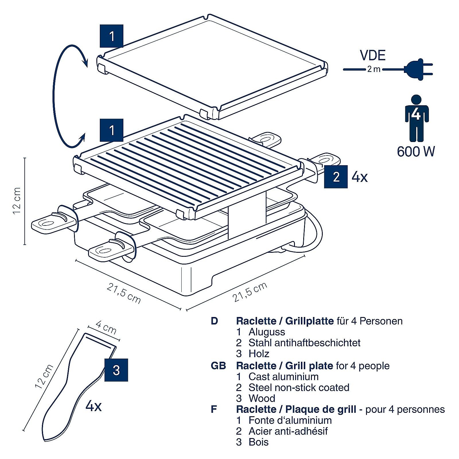 kela Raclette Geneva, 4 Raclettepfännchen, Grillplatte Aluguss für 4 Personen schwarz antihaftbeschichtet, 600W