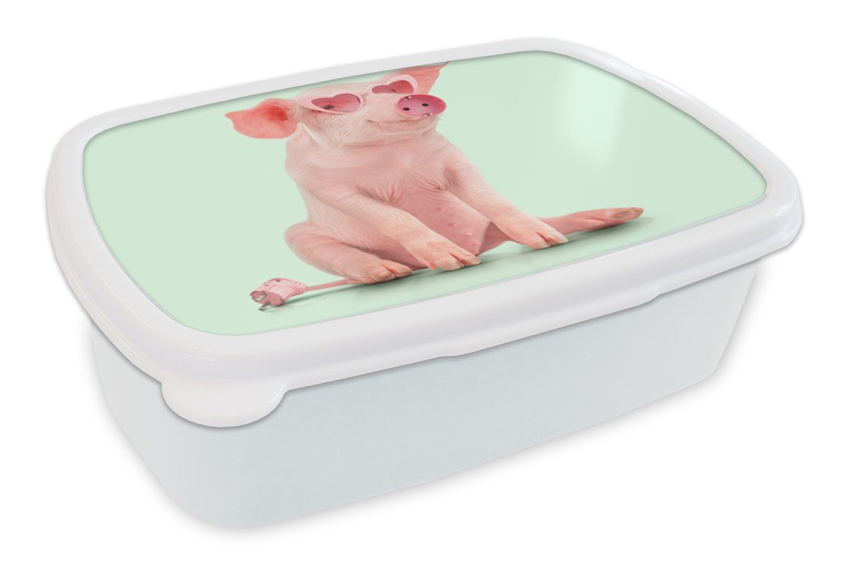 MuchoWow Lunchbox Schwein - Rosa - Brille - Sockel - Tiere, Kunststoff, (2-tlg), Brotbox für Kinder und Erwachsene, Brotdose, für Jungs und Mädchen weiß