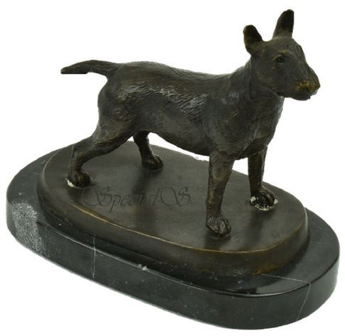 Casa Padrino Dekofigur Luxus Deko Bronzefigur Bullterrier Hund Bronzefarben / Schwarz 19 x 10 x H. 15 cm - Bronze Skulptur mit Marmorsockel - Dekofigur - Deko Accessoires