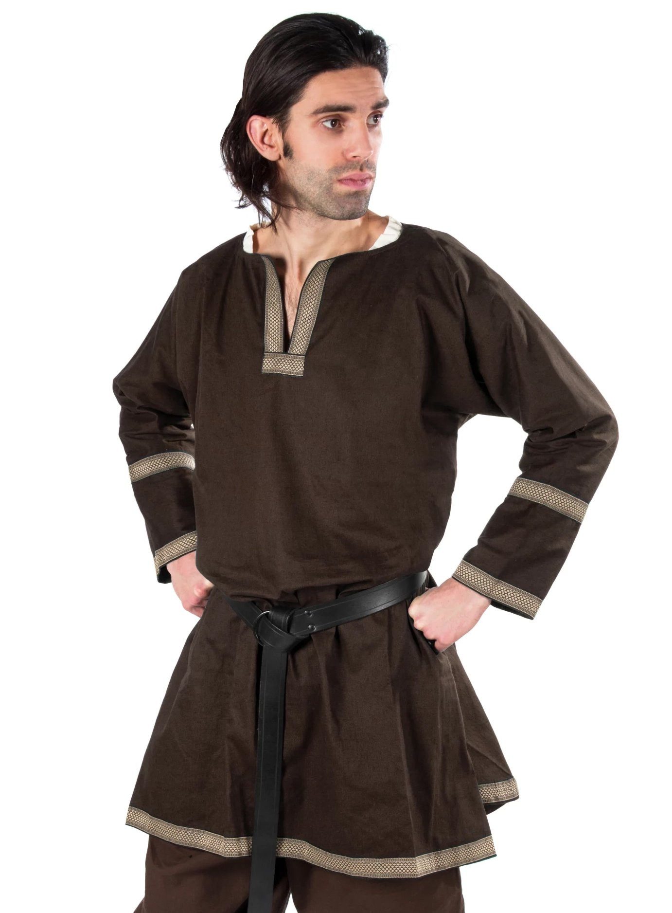 Supreme Replicas Kostüm Tunika - Rainald, braun, Schlichtes Mittelalterhemd für Herren mit simpler aber eleganter Bort