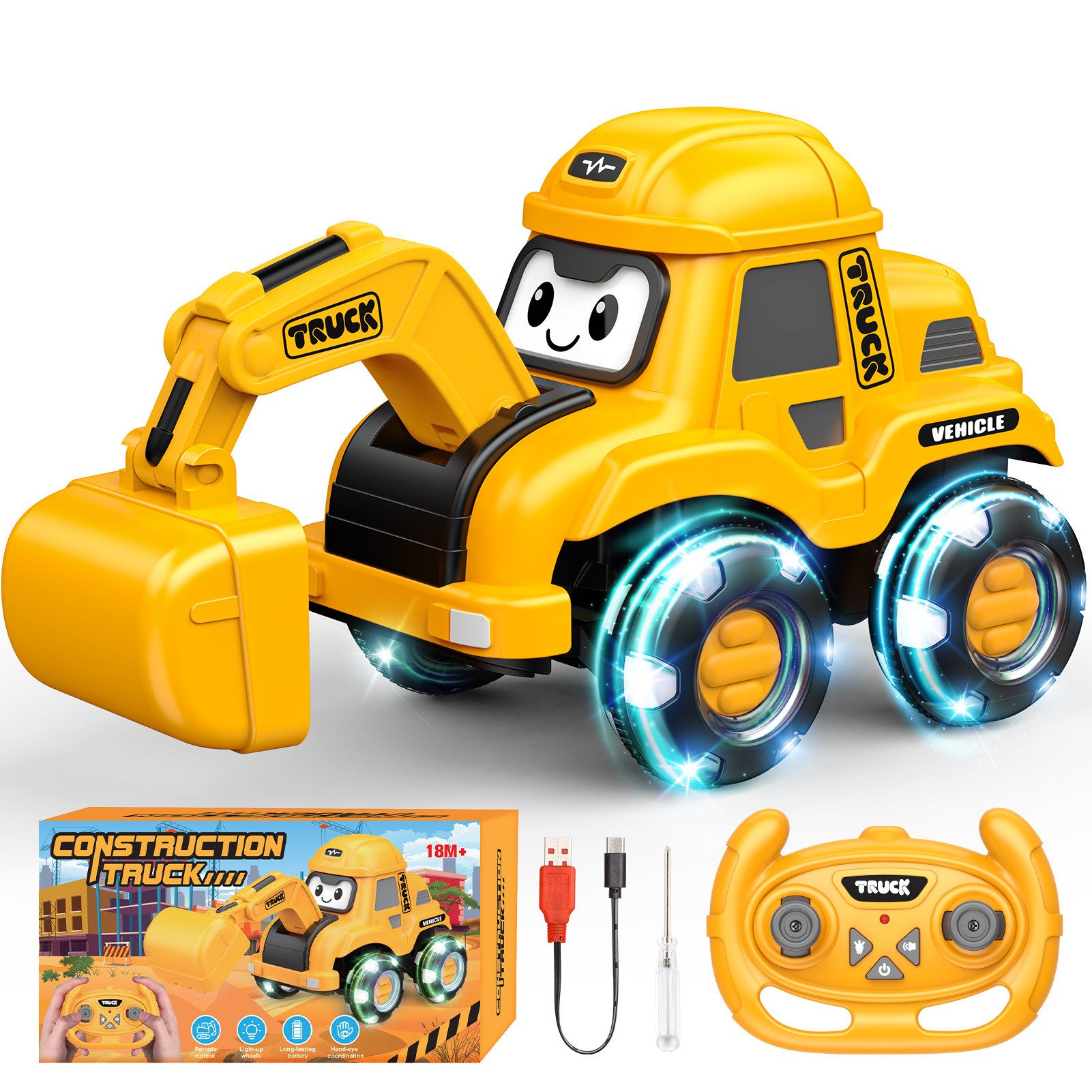 Wootoy RC-Bagger Ferngesteuerter Bagger Spielzeug-Baumaschine Spielzeug-Auto mit LED (mit 2-Tasten-Fernbedienung und integrierte Musik, 1-tlg., USB-C wiederaufladbar), Manuell beweglicher Schaufelarm im Sandkasten Garten oder Innenbereich