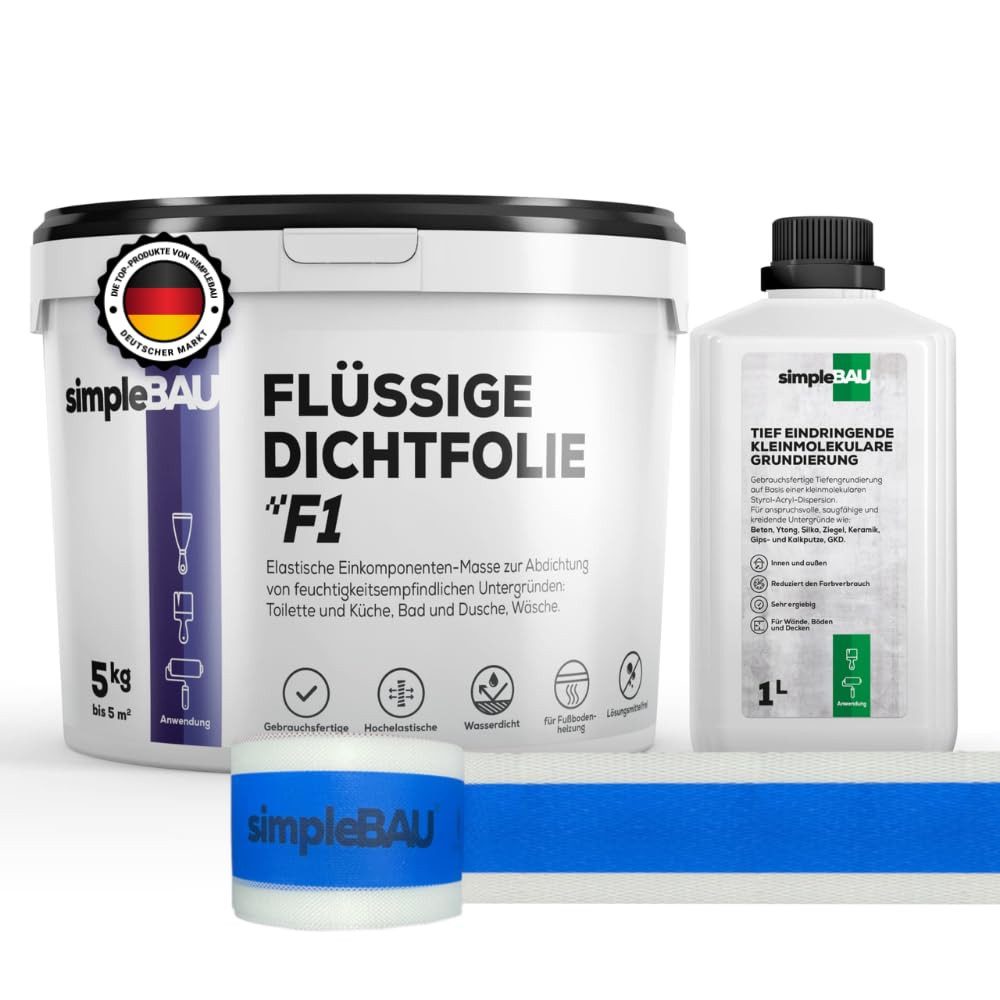 simpleBAU Dichtstoff Flüssigfolie F1 5 kg + Tiefengrund 1 L und Elastisches Dichtband 5M
