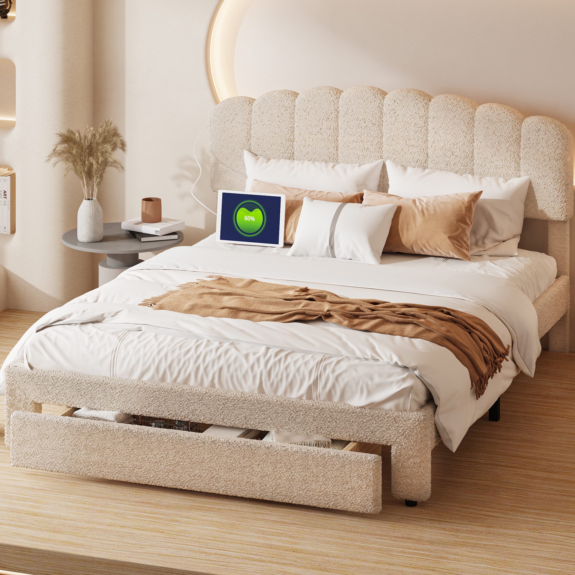 ADWOLT Polsterbett Doppelbett Stauraumbett mit USB+TYPE-C (Packung, 1-tlg., Jugendbett), 140x200 cm,Gepolstert,Schublade am Ende des Bettes,Plüschstoff-Beige