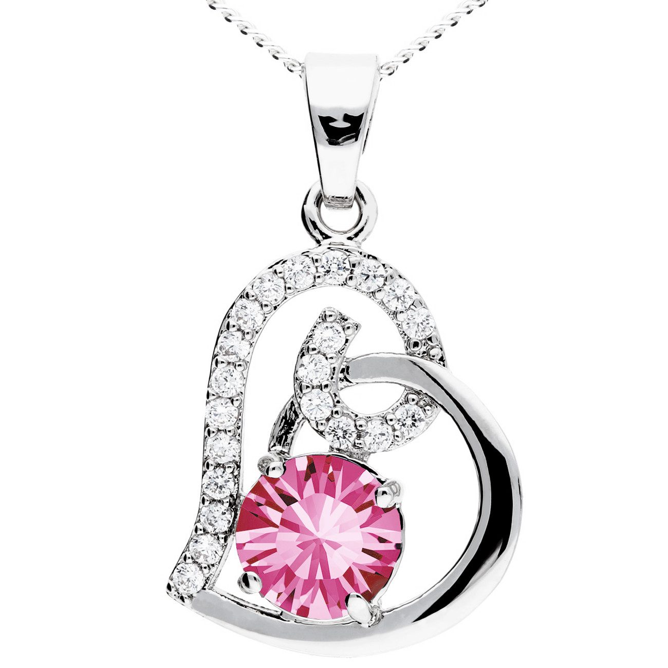 Kette mit Anhänger 18K Weißgold vergoldet Kette Zirkonia Steine Herz Anhänger silber rosa