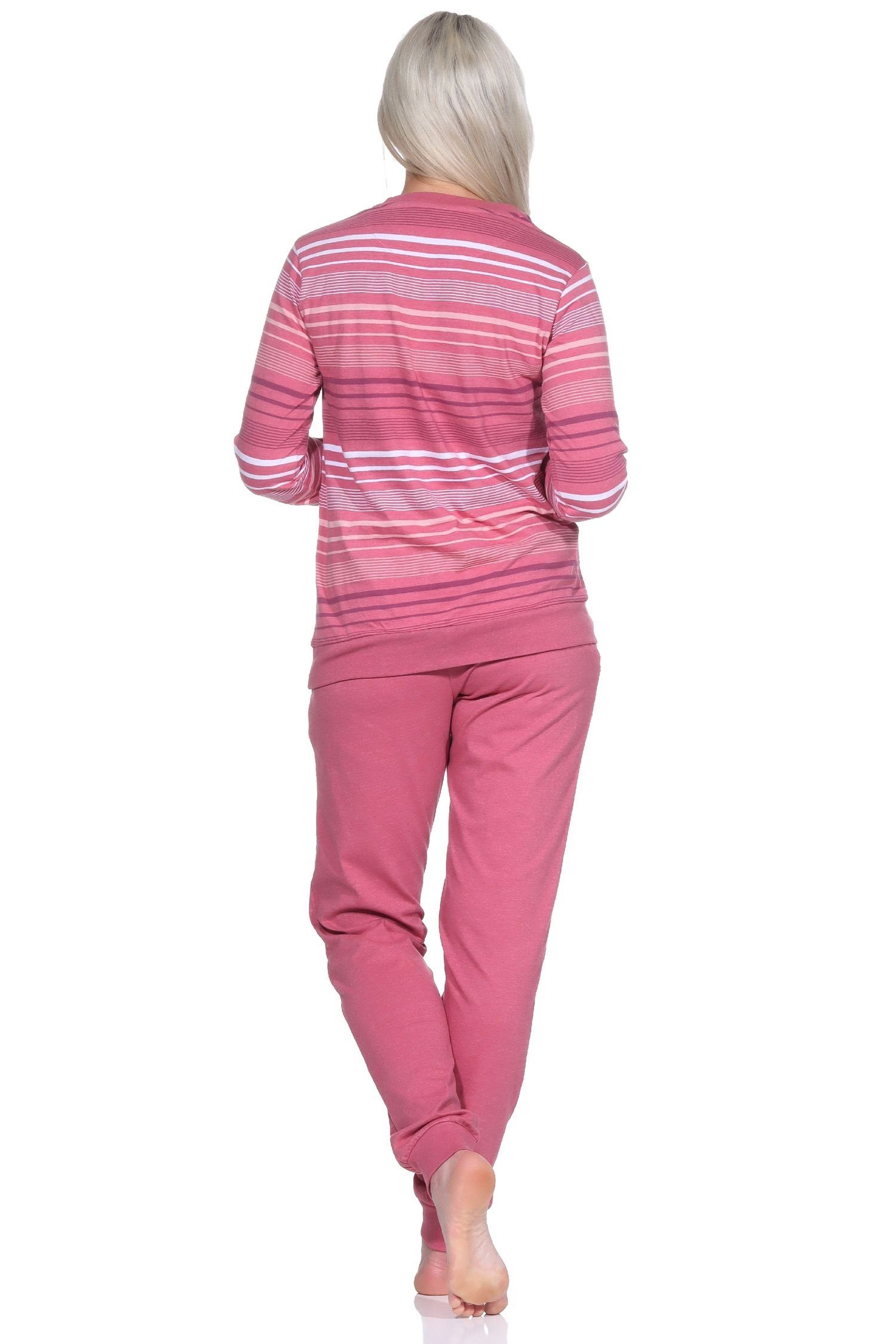 Normann Pyjama Damen Schlafanzug mit Bündchen langarm altrose Streifenoptik Pyjama in