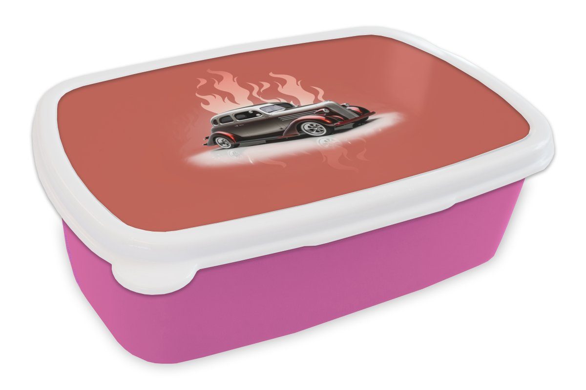 MuchoWow Lunchbox Auto - Rosa - Vintage - Flammen, Kunststoff, (2-tlg), Brotbox für Erwachsene, Brotdose Kinder, Snackbox, Mädchen, Kunststoff