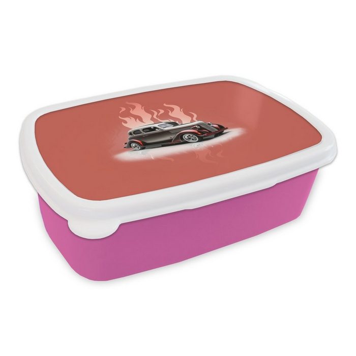 MuchoWow Lunchbox Auto - Rosa - Vintage - Flammen Kunststoff (2-tlg) Brotbox für Erwachsene Brotdose Kinder Snackbox Mädchen Kunststoff