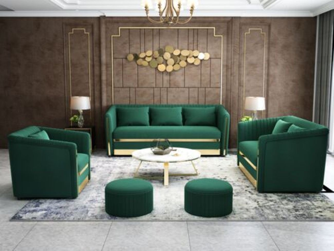 JVmoebel Wohnzimmer-Set, Design Samt Garnitur Gruppe Sofa 3+2+1 Couch 3tlg Metall Set