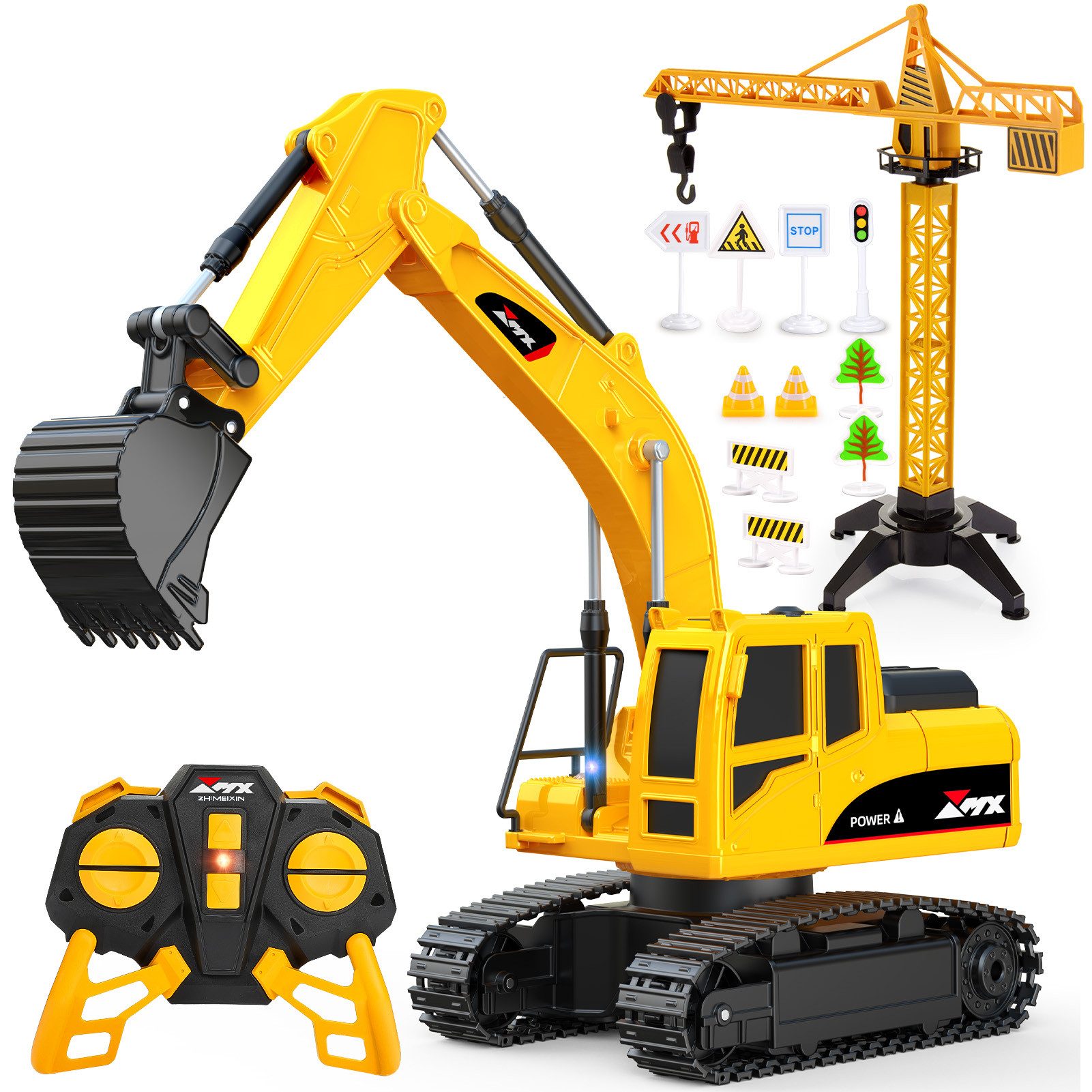 Wootoy RC-Bagger Spielzeug-Bagger ferngesteuerter Baustellenbagger mit USB-Ladekabel (Inklusive 2 x 600-mAh-Akkus für längeren Spielspaß, 1-tlg., 2,4-GHz-Fernsteuerung mit stabiler Verbindung), Geeignet für verschiedene Untergründe wie Teppich Boden Sandflächen
