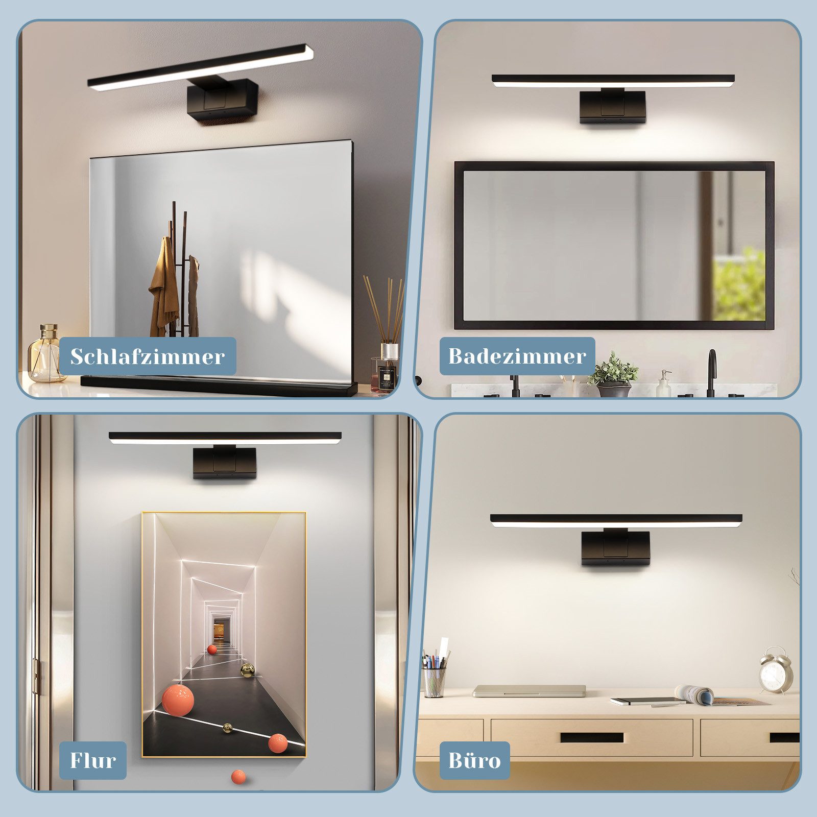 ZMH LED Spiegelleuchte Schwarz 30/40/60CM Spiegellampe 4000 K neutralweiß, LED fest integriert, Neutralweiß, Wandlampe für Spiegel und Schminkbereich