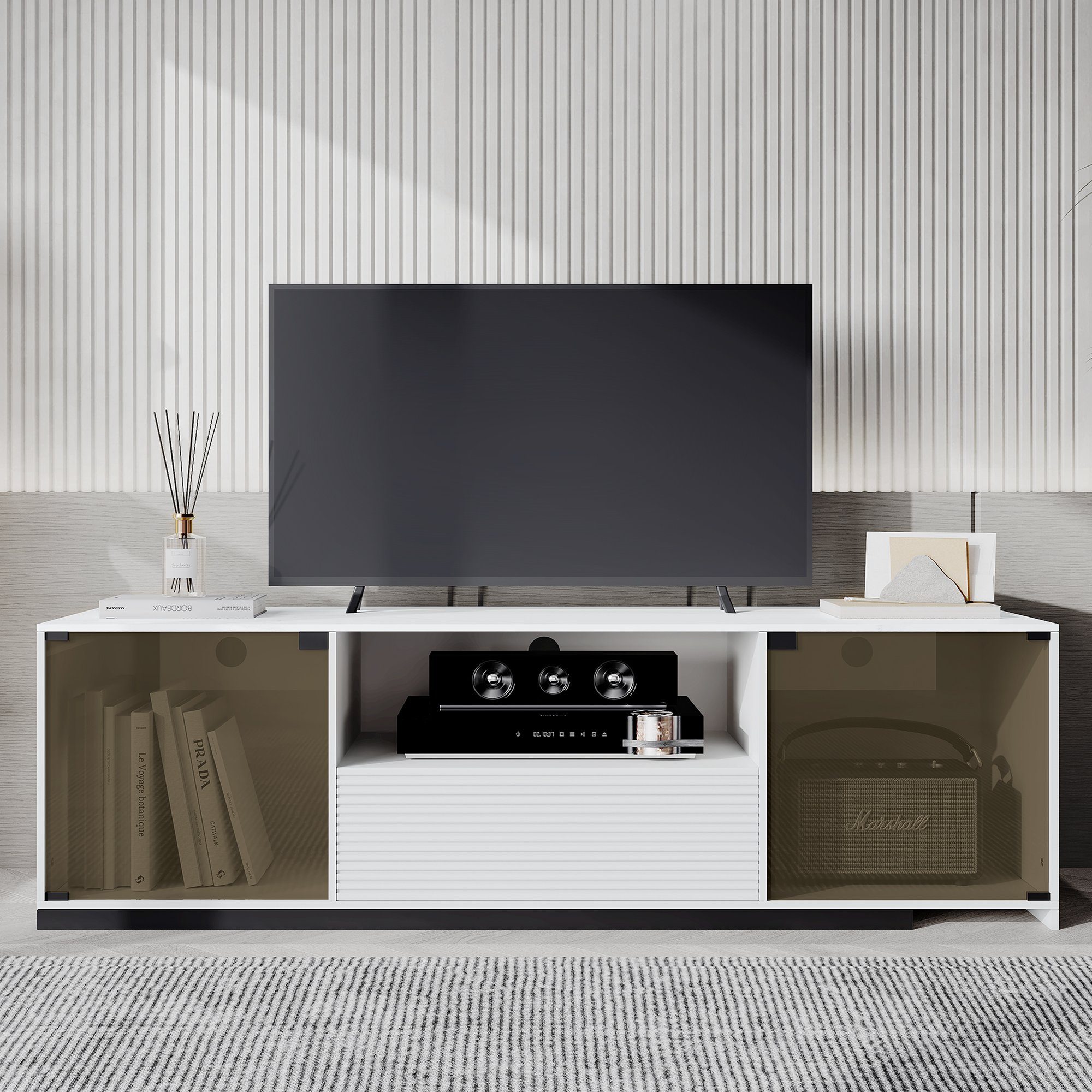 marmorgeäderter Lowboard 2 SPLOE TV-Schrank TV- einen offenem Board TV 1 Mit Fach elegantem Schublade Fernsehtisch TV-Schrank Türen, Tischplatte HAUSS Glasdesign) und 1 und 60-Zoll-Fernseher, (für