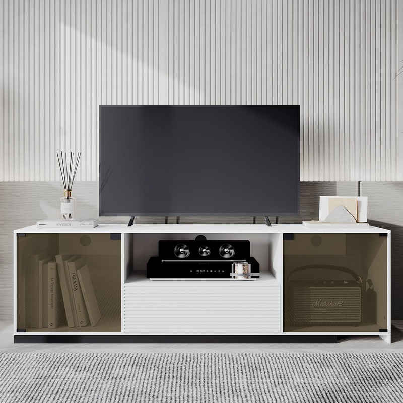 HAUSS SPLOE TV-Schrank TV-Schrank Fernsehtisch TV Board TV- Lowboard (für einen 60-Zoll-Fernseher, marmorgeäderter Tischplatte und elegantem Glasdesign) Mit 2 Türen, 1 Schublade und 1 offenem Fach