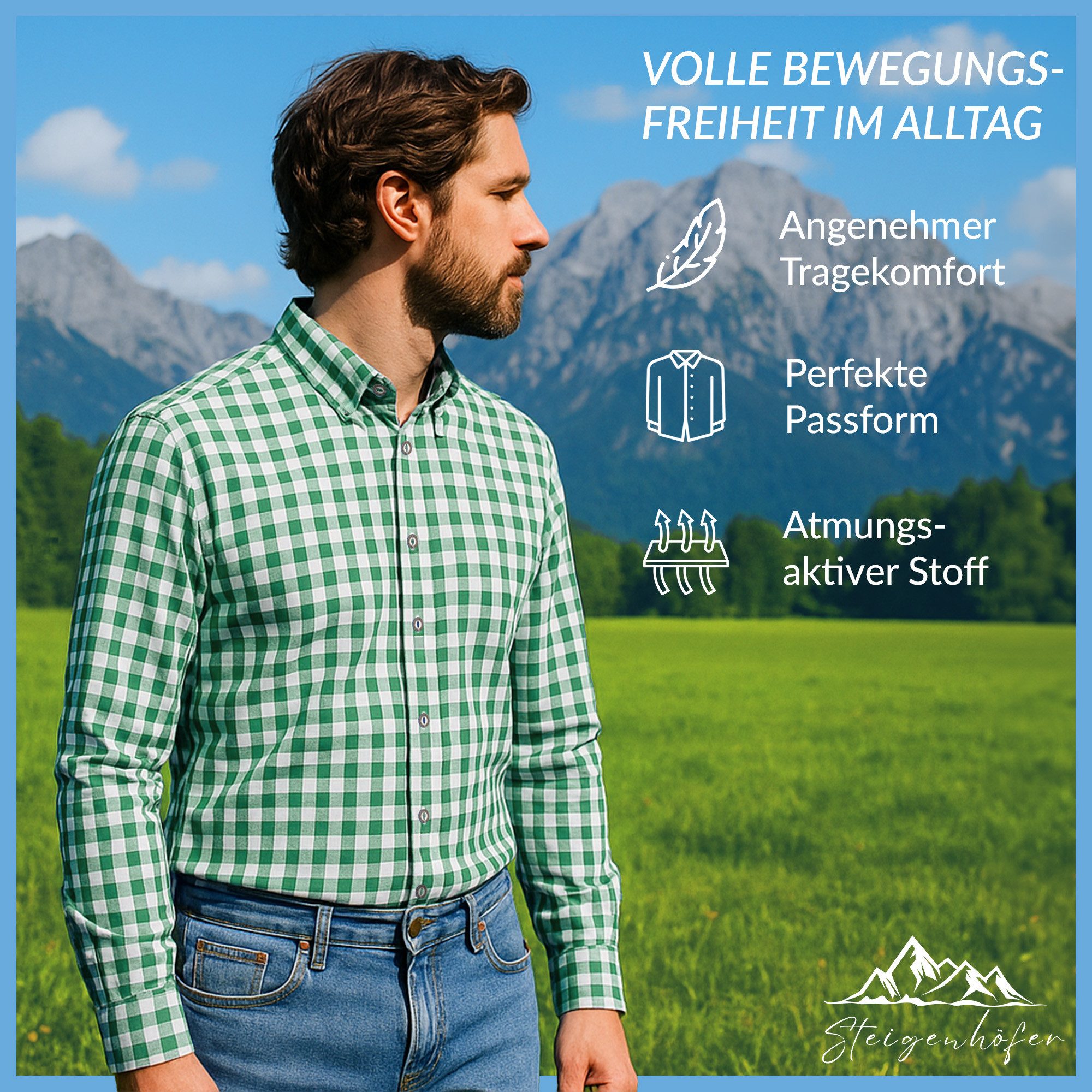 Steigenhöfer Manufaktur Trachtenhemd Herren Langarm - Basti - Traditionelles Herren Hemd - Hornoptik-Knöpfe Traditioneller Kentkragen und angenehmer Tragekomfort - Oktoberfest