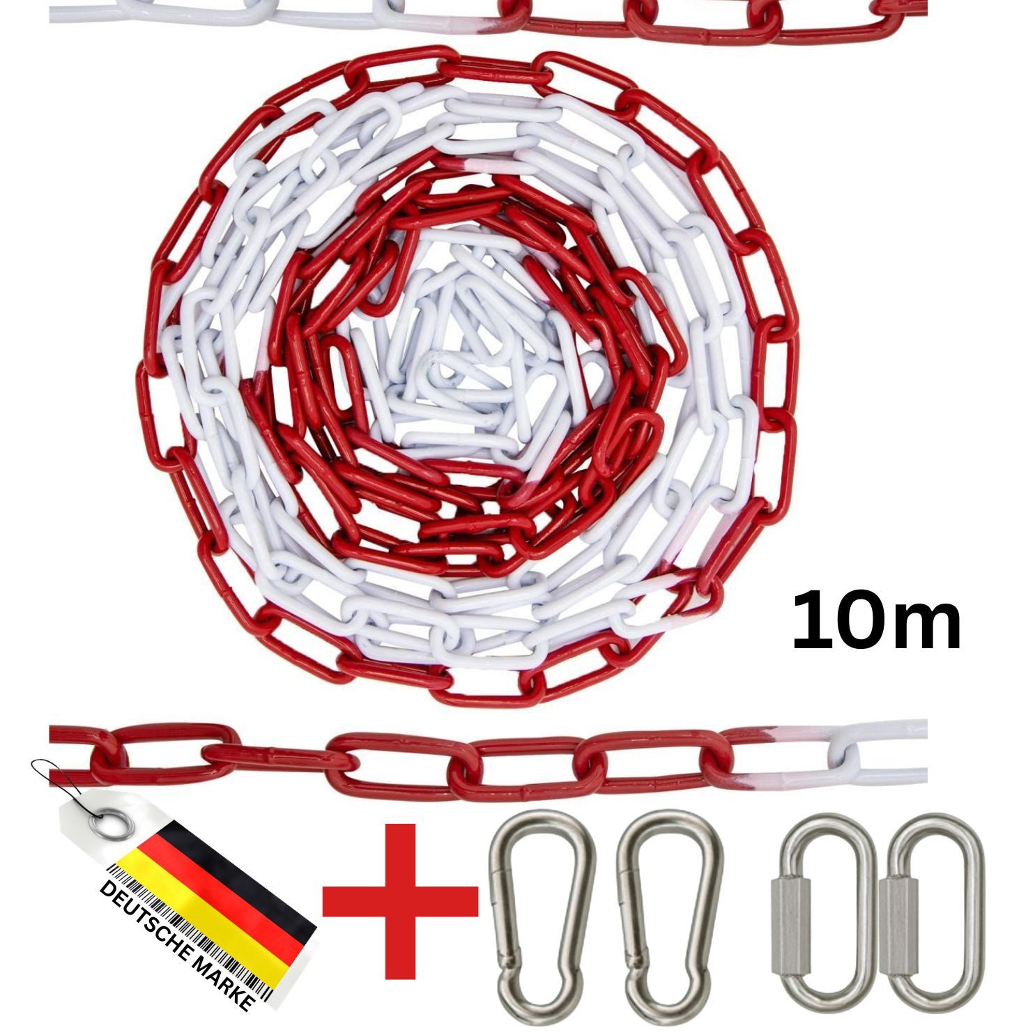 FAMEX Absperrkette 10m Stahlkette Rot Weiß, (Warnkette, Sicherheitskette) Karabinerhaken, Notglied, wetterfest
