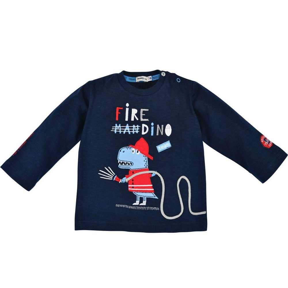 BONDI Langarmshirt Baby Jungen Pullover "Fire Dino" 91431, Blau - Geringelt Feuerwehr Dinosaurier Motiv