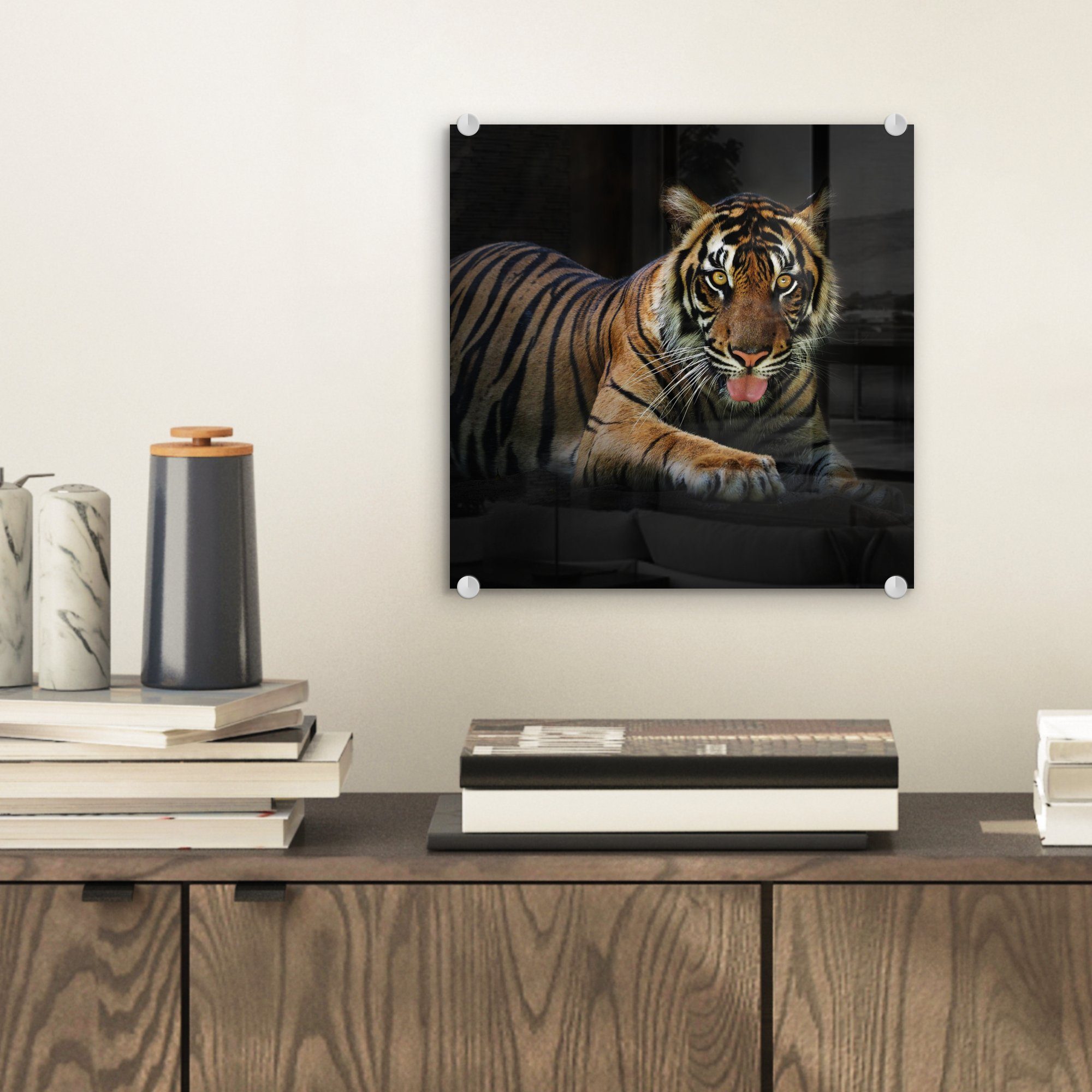- Acrylglasbild Foto auf - Glasbilder MuchoWow Glas auf Schwarz St), (1 - Glas - Wanddekoration Tiger Bilder Wandbild - Rest,
