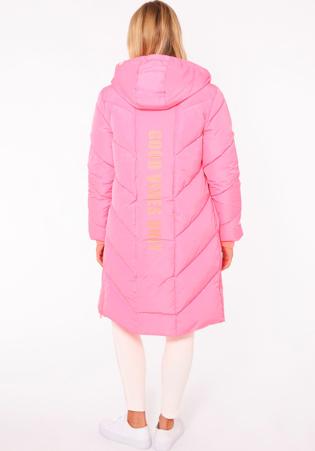 Zwillingsherz Steppjacke "Good Vibes Only" mit Kapuze, Backprint und bedrucktem Zugband