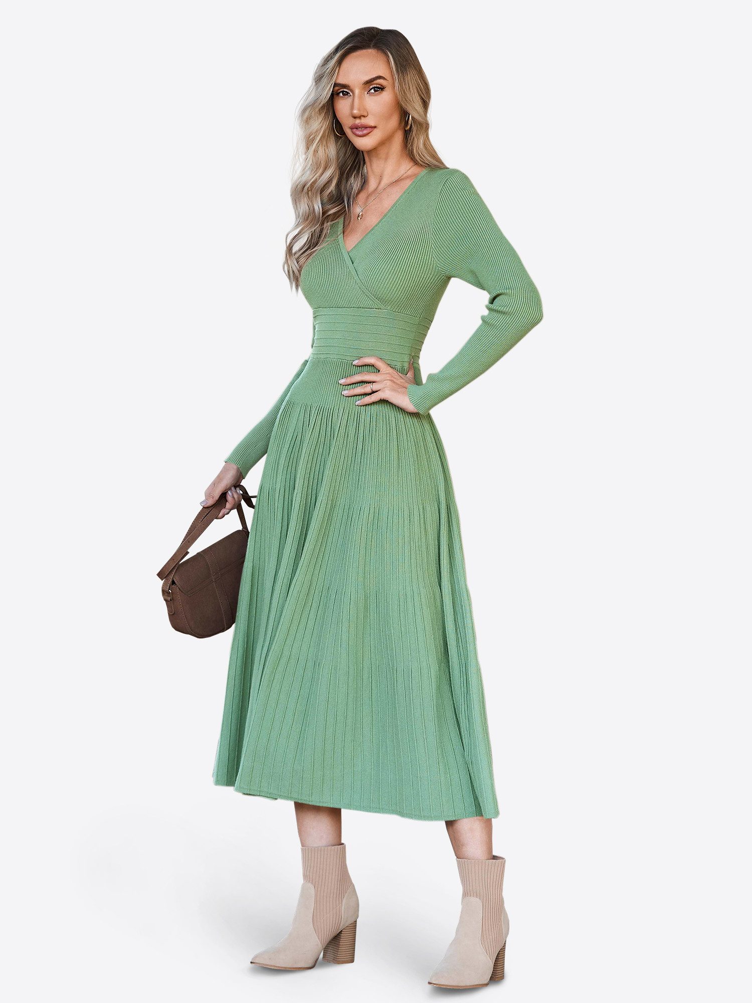 Imily Bela Strickkleid Damen Langarm Midi Pullover Kleid Wrap V-Ausschnitt (Packung, 1-tlg., 1per-Pack) Faltenrock