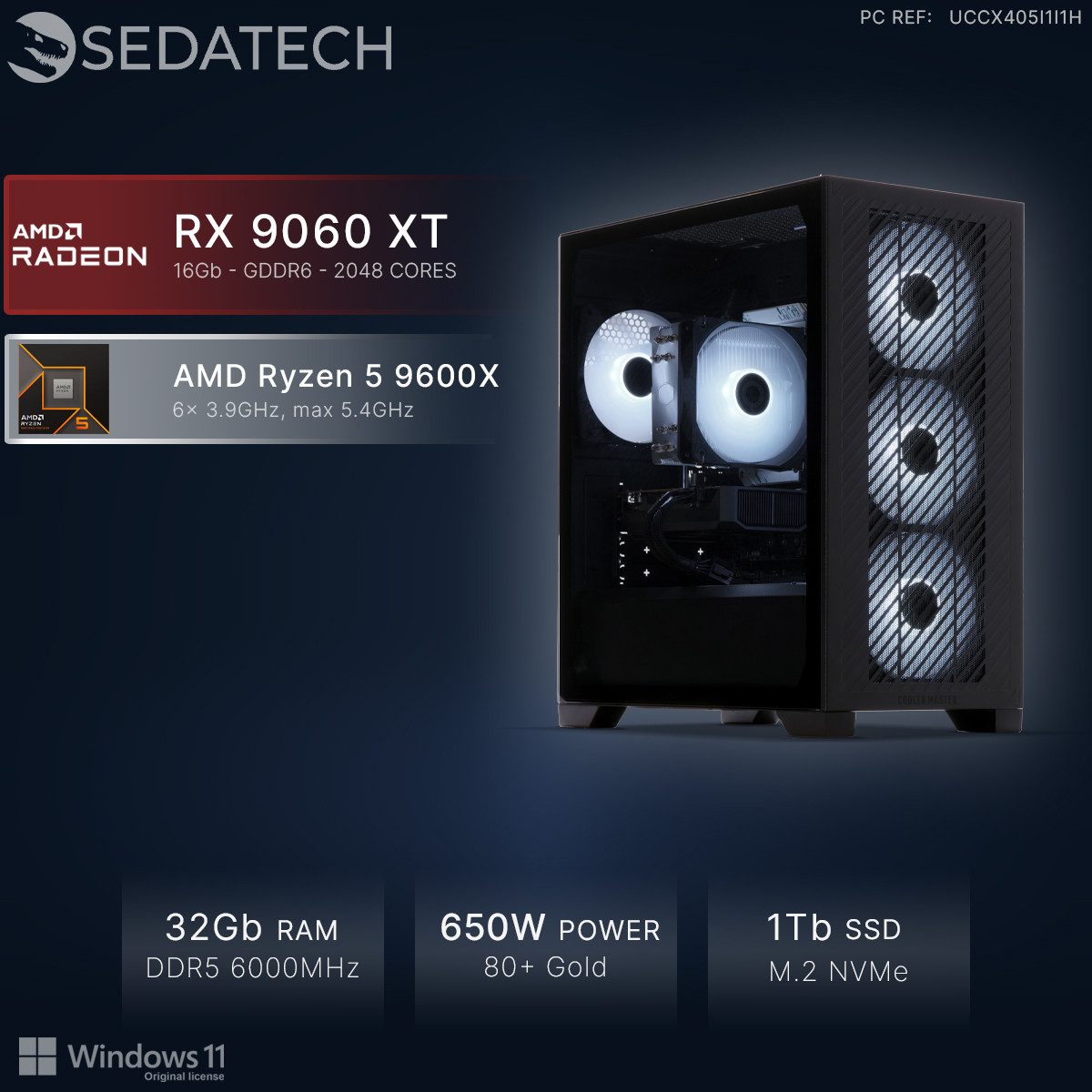 Sedatech UCCX405I1I1HF - Gaming-PC (AMD Ryzen 5 9600X 6x 3.9GHz (max 5.4GHz), Radeon RX 9060 XT 16GB, 32 GB RAM, 1000 GB SSD, Wlan 6E)