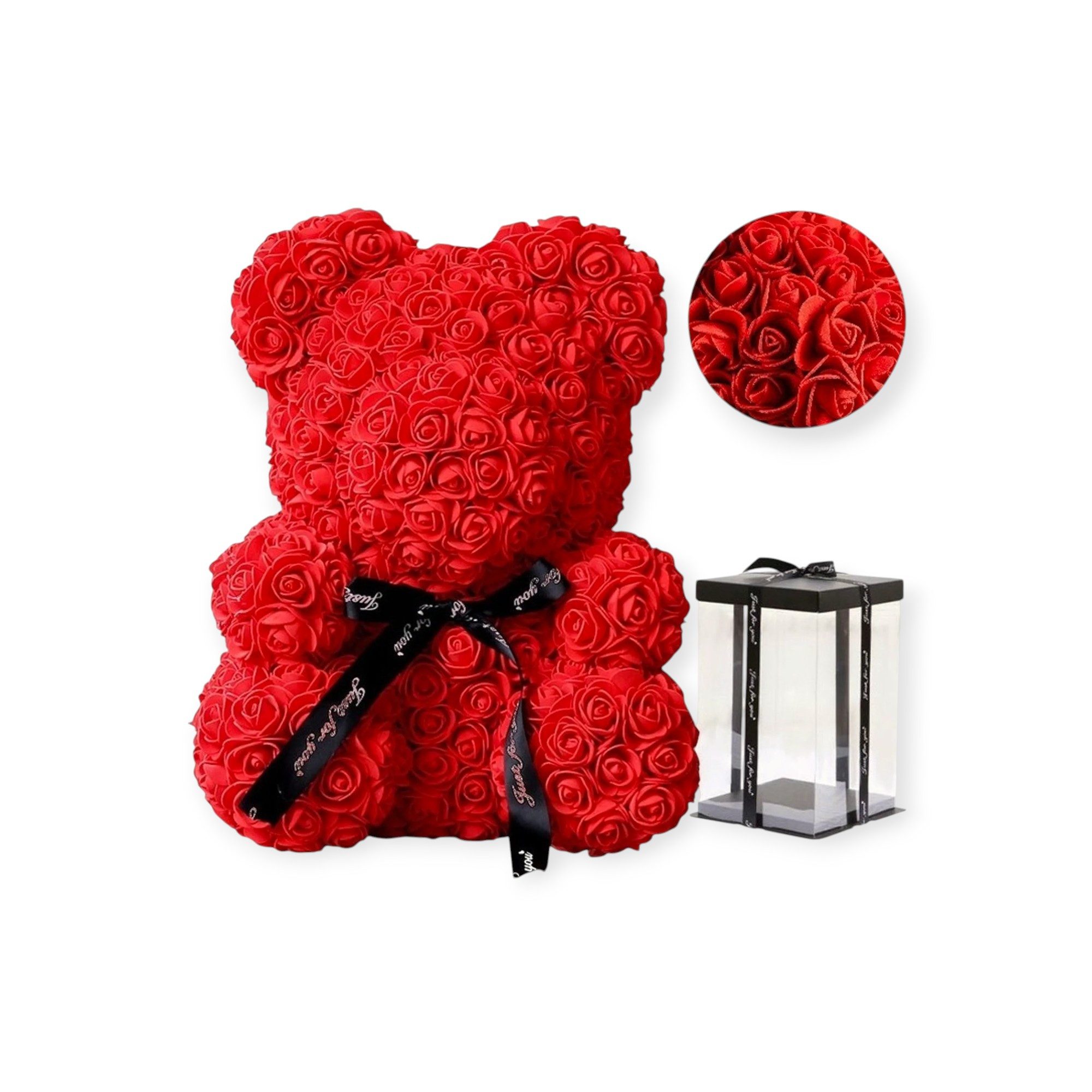 Kunstblume Teddybär aus Kunstblumen + Geschenk-Box mit Band, Valentinstag 40cm, HC