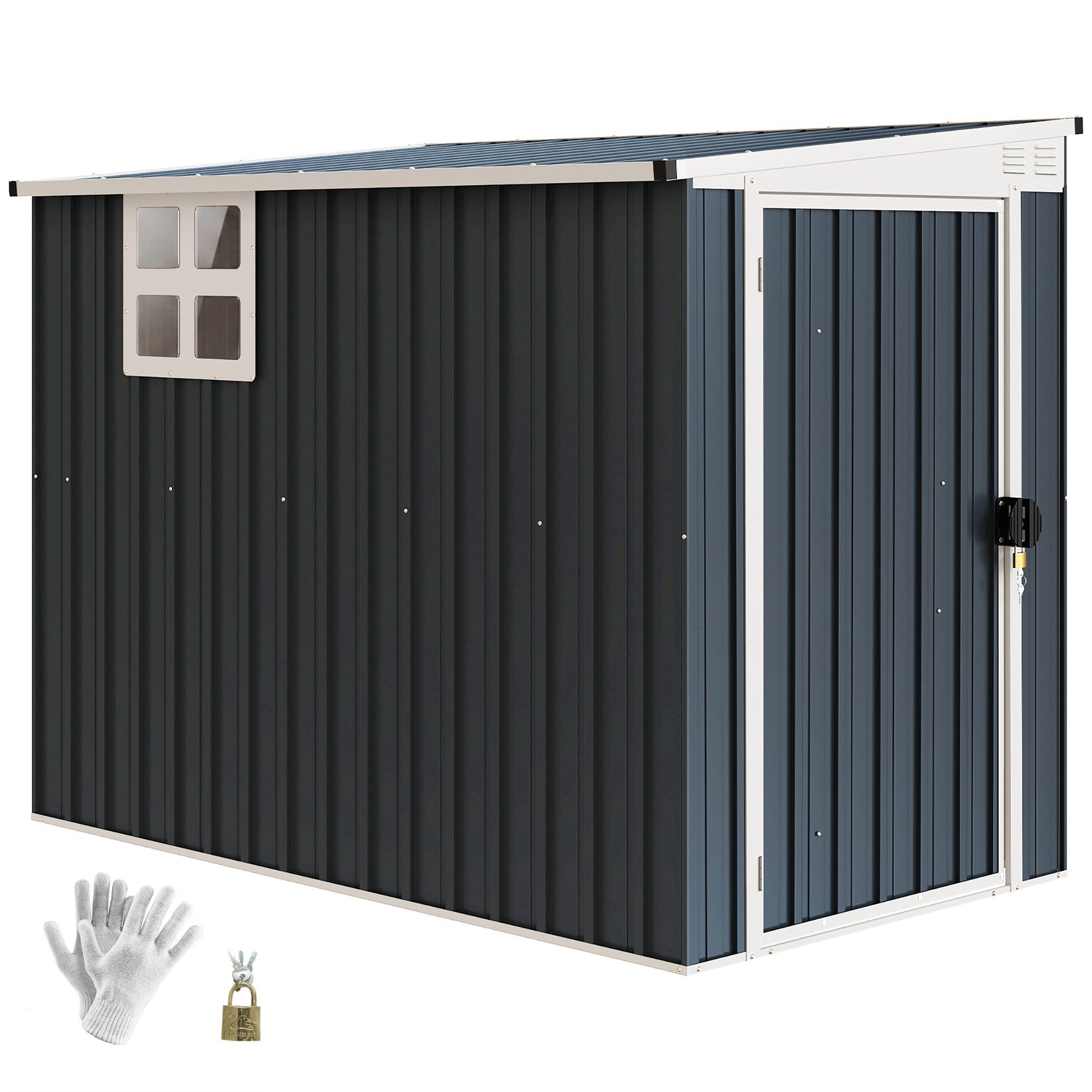 Outsunny Gerätehaus Metall Geräteschuppen mit Pultdach Abschließbarer Tür, BxT: 128x231 cm, (wetterfest Gartenschuppen, 1 St., Metall Geräteschuppen), Outdoor Garten Schuppen für Hinterhof, Außenbereich, Dunkelgrau