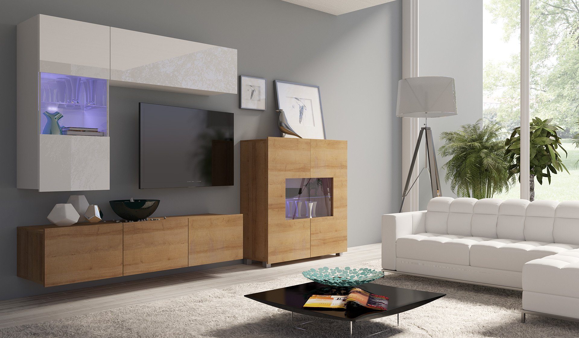 Stylefy Wohnwand Bietula, (Set (4-St), Wohnzimmer-Set), 4-teilig, wahlweise mit LED-Beleuchtung, Modern Design, variabel hängbar Weiß Hochglanz - Wotan Eiche