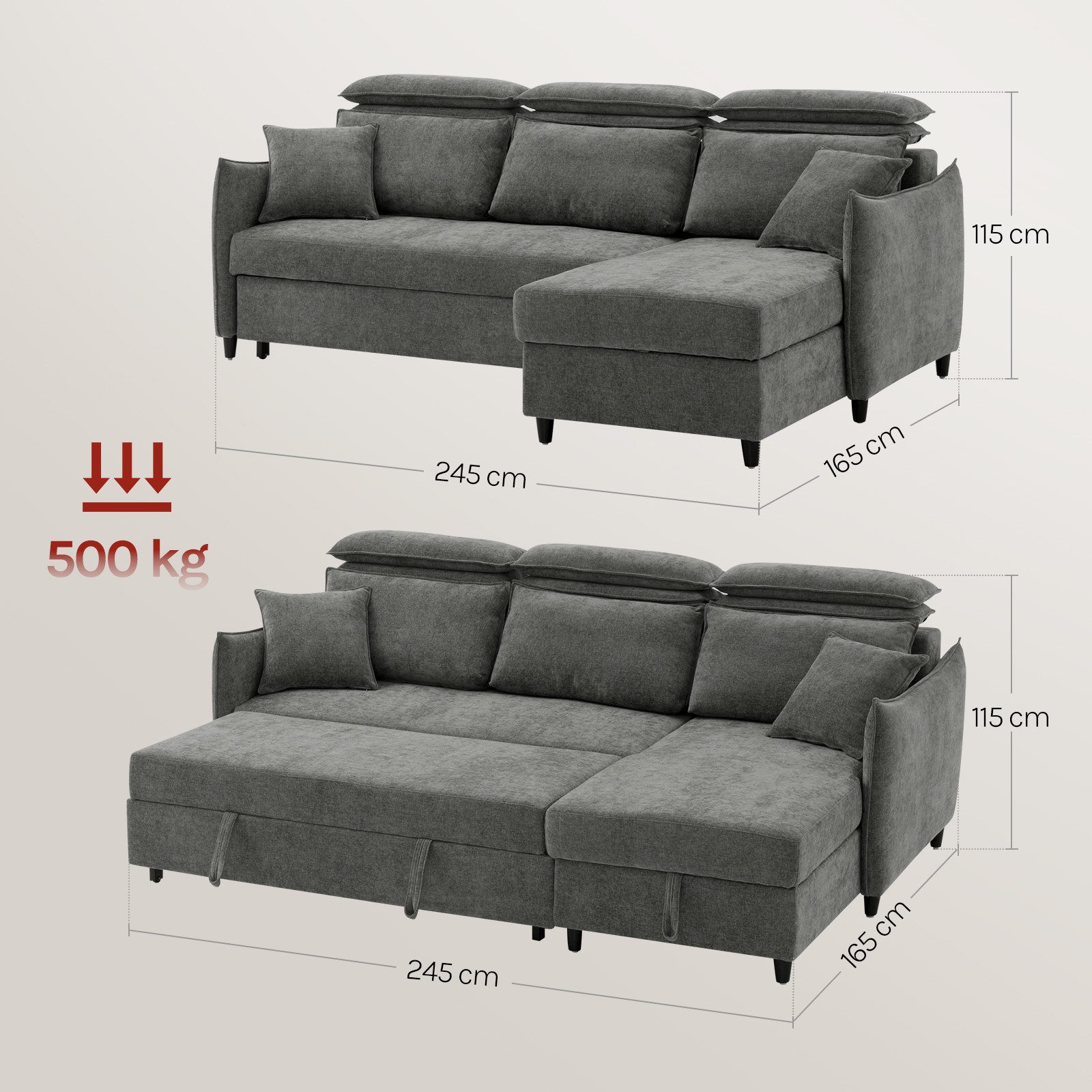 Woltu Ecksofa, Ausziehbares Schlafsofa 3 Sitzer mit verstellbaren Kopfstützen