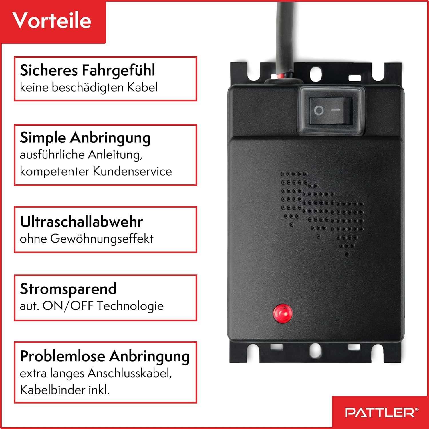 Pattler Ultraschall-Tierabwehr Marderschreck Auto Anschluss an 12V Autobatterie, Sofortiger & Langfristiger Marderschutz für Auto im Motorraum 2-tlg., Effektive Marderabwehr für Auto - mit Ultraschall