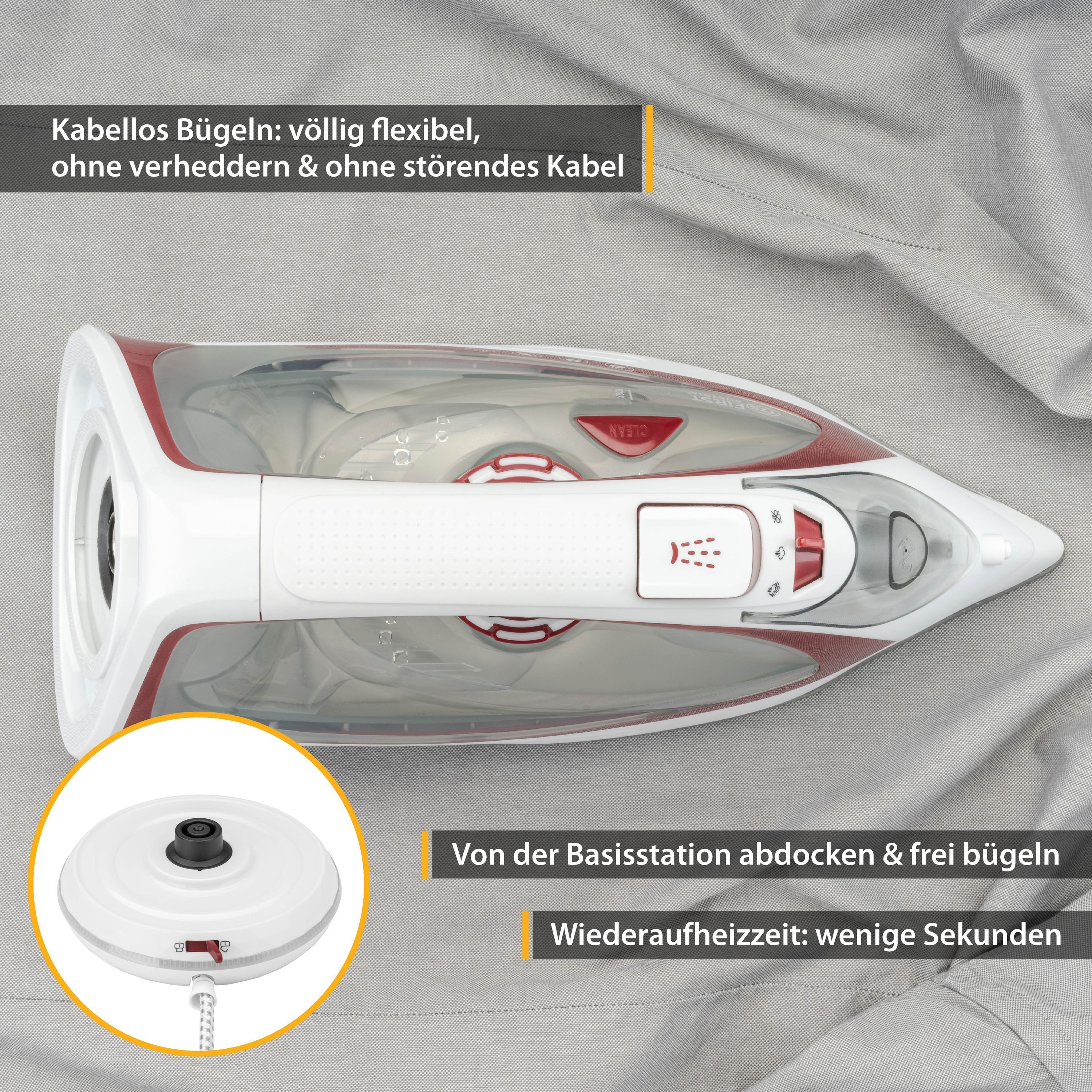 TZS FIRST AUSTRIA Dampfbügeleisen kabellos 2400W, Keramiksohle, 52 Düsen, 20g/min, 0,7g Dampfstoß, 2400 W, Kabelloses Dampfbügeleisen, Antikalk, Vertikaldampf,  – Bild 5 von 5