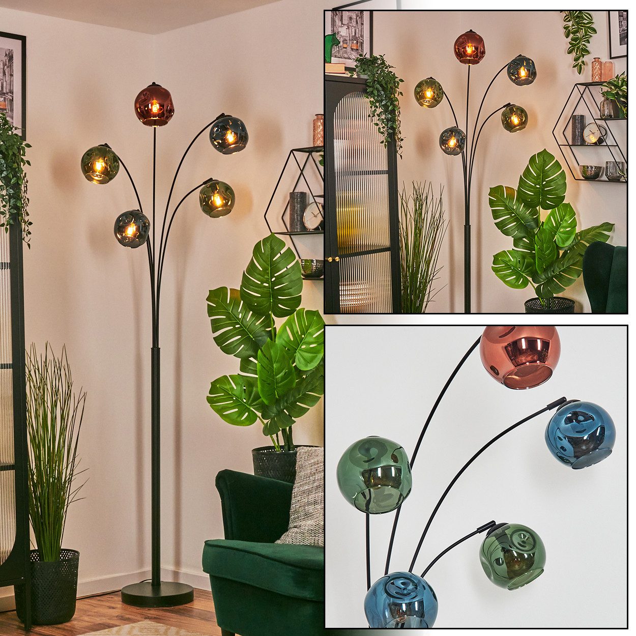 hofstein Stehlampe Stehlampe aus Metall/Glas in Schwarz/Blau/Grün/Kupferfarben, verstellbare Stehleuchte im Vintage-Design, Fußschalter, 210 cm, 5xE14