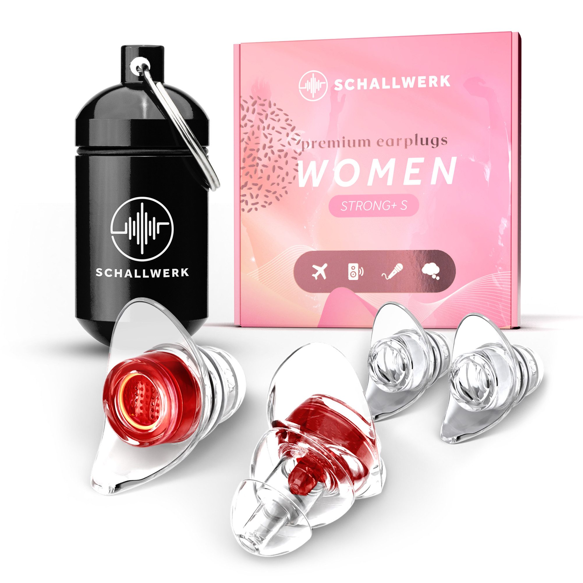 Schallwerk Gehörschutzstöpsel Women+ Ohrstöpsel für Frauen und kleine Gehörgänge, Gehörschutz Alltag, SNR 23 dB nach EN 352-2:2020, Membranfilter, 2 Größen, mit Alu-Dose von Schallwerk