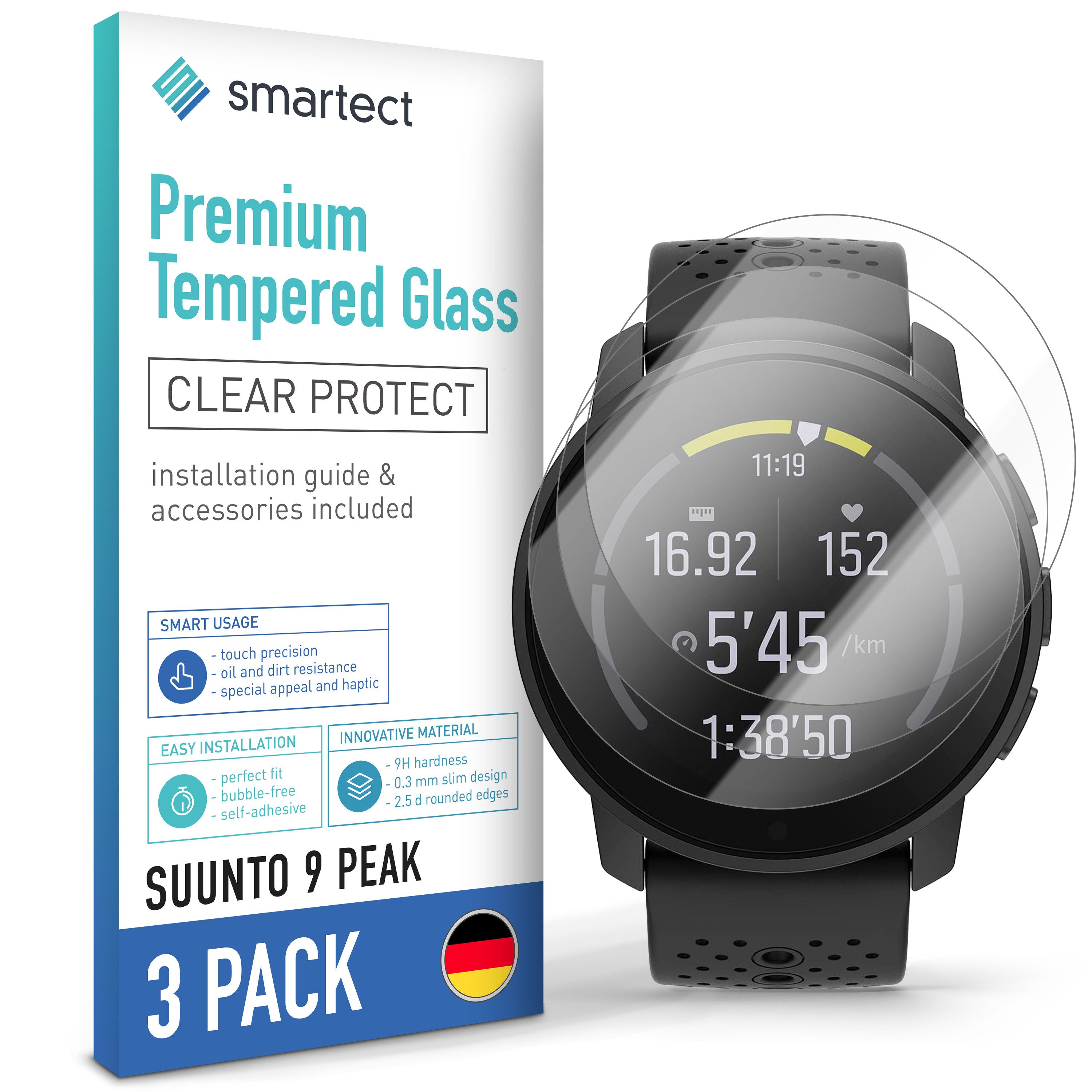 smartect Displayschutzglas Schutzglas Panzerfolie Klar für Suunto 9 Peak / 9 Peak Pro, Set, 3 Stück, Schutzfolie Glasschutz Bildschirm