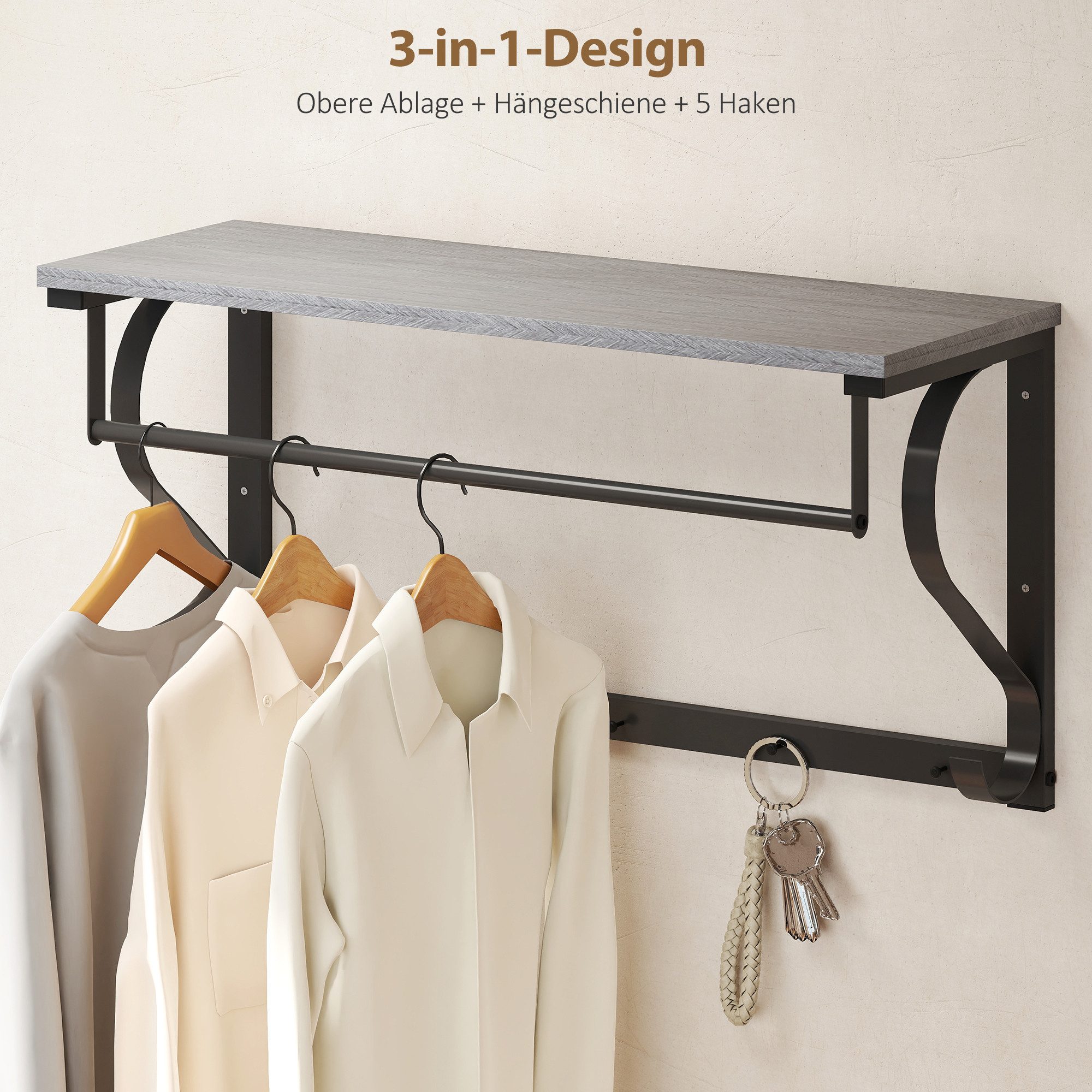 HOMCOM Garderobenleiste Ablage mit 5 Haken und Stange, 70 cm, Wandmontierter (Wandgarderobe, 1 St., Wandregal), für Flur, Wohnzimmer, Schlafzimmer, Badezimmer G – Bild 4 von 5