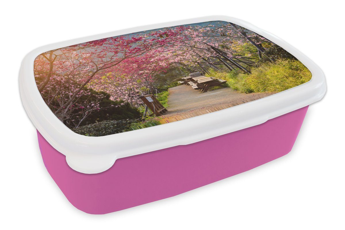 (2-tlg), Kunststoff rosafarbenen Die Sakura-Blätter Baumes Kunststoff, am Straßenrand, Snackbox, Brotbox Erwachsene, Lunchbox Brotdose für Mädchen, des MuchoWow Kinder,