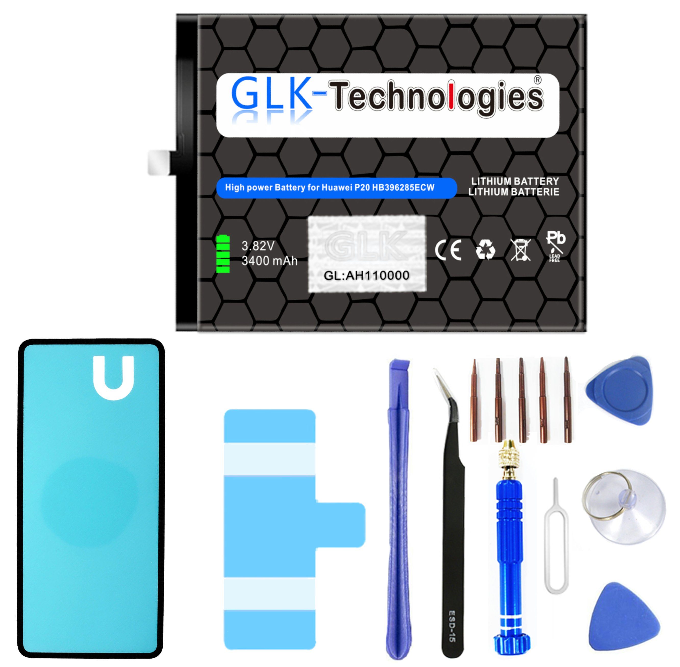 Honor mAh kompatibel Ersatz GLK-Technologies (3,8 Akku Power Huawei inkl. Profi Werkzeug High V) mit P20 3400 Kit Set Smartphone-Akku / 10
