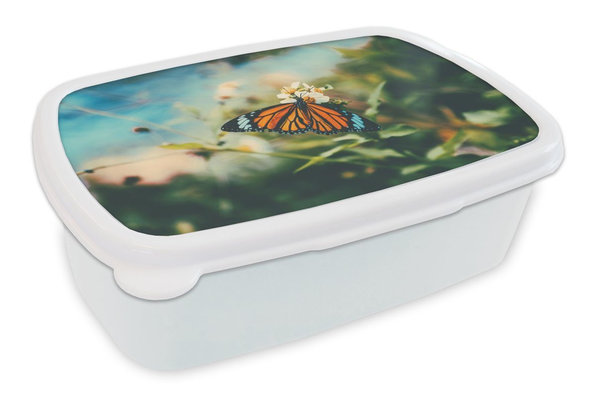 MuchoWow Lunchbox Schmetterling - Blumen - Garten, Kunststoff, (2-tlg), Brotbox für Kinder und Erwachsene, Brotdose, für Jungs und Mädchen weiß
