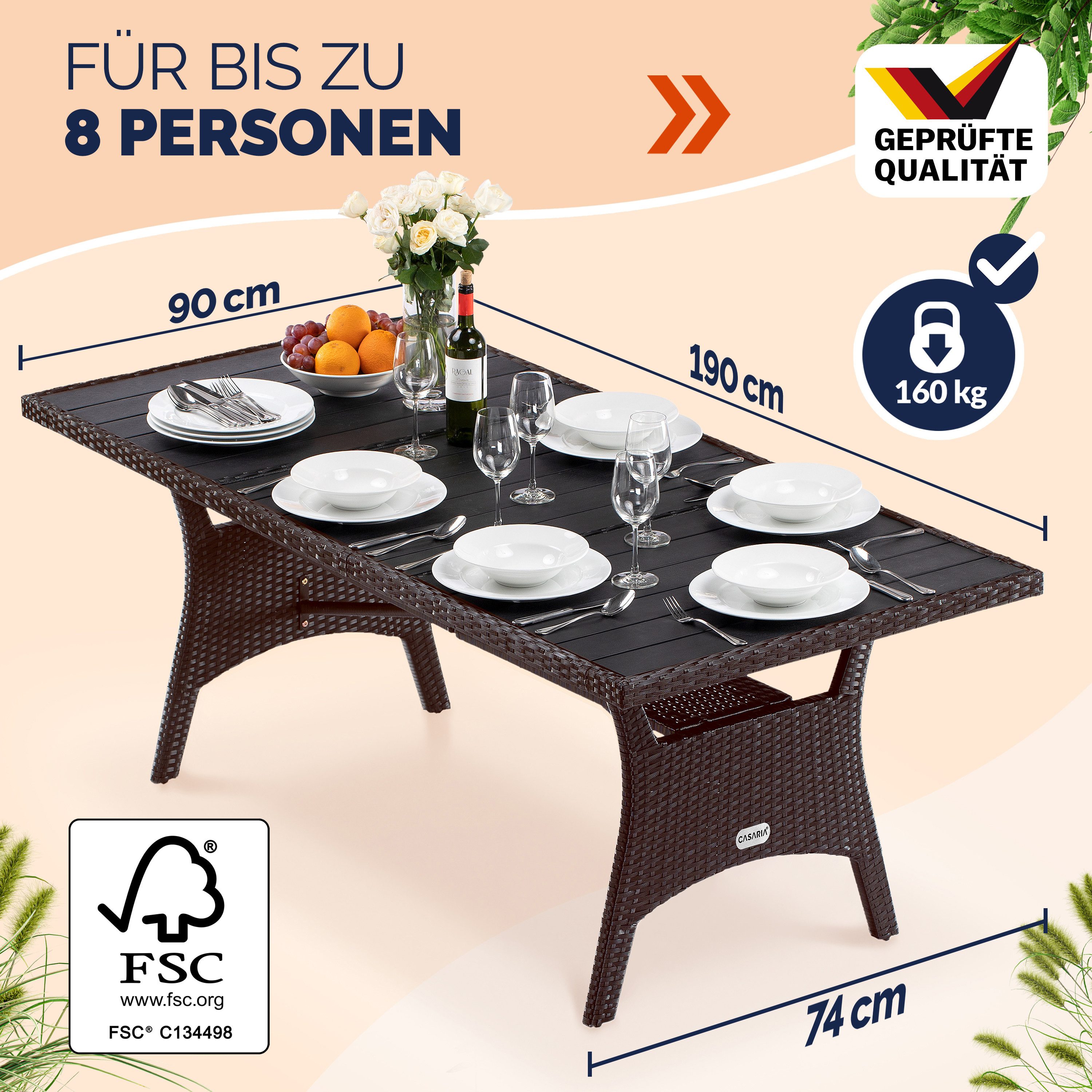 Casaria Gartentisch (1-St), Wetterfest 190x90x75cm WPC Tischplatte Polyrattan inkl. Ablage