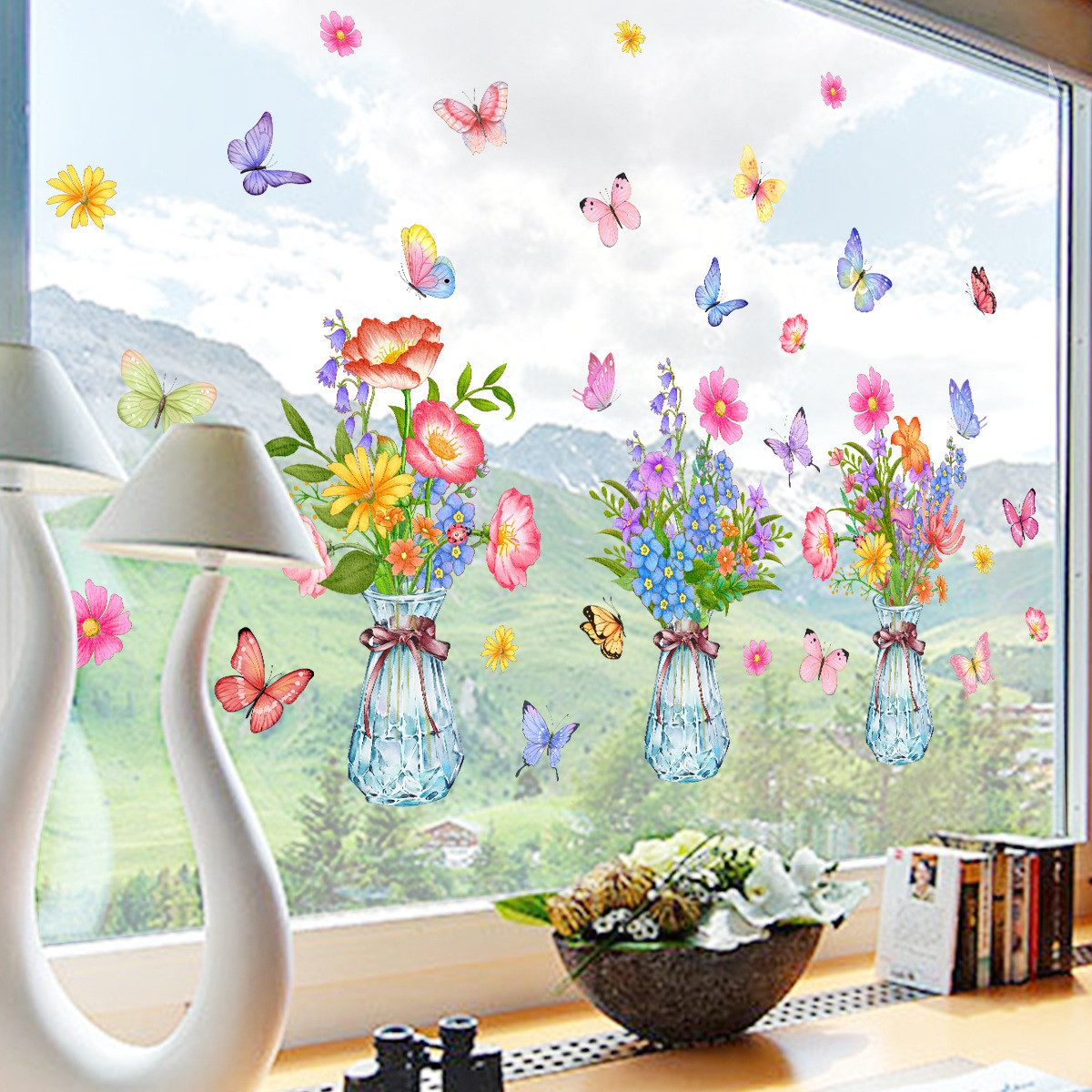 Coonoor Fensterdekoration Blumen Frühling Topfpflanze Fenster Abziehbilder Hängende Pflanzen