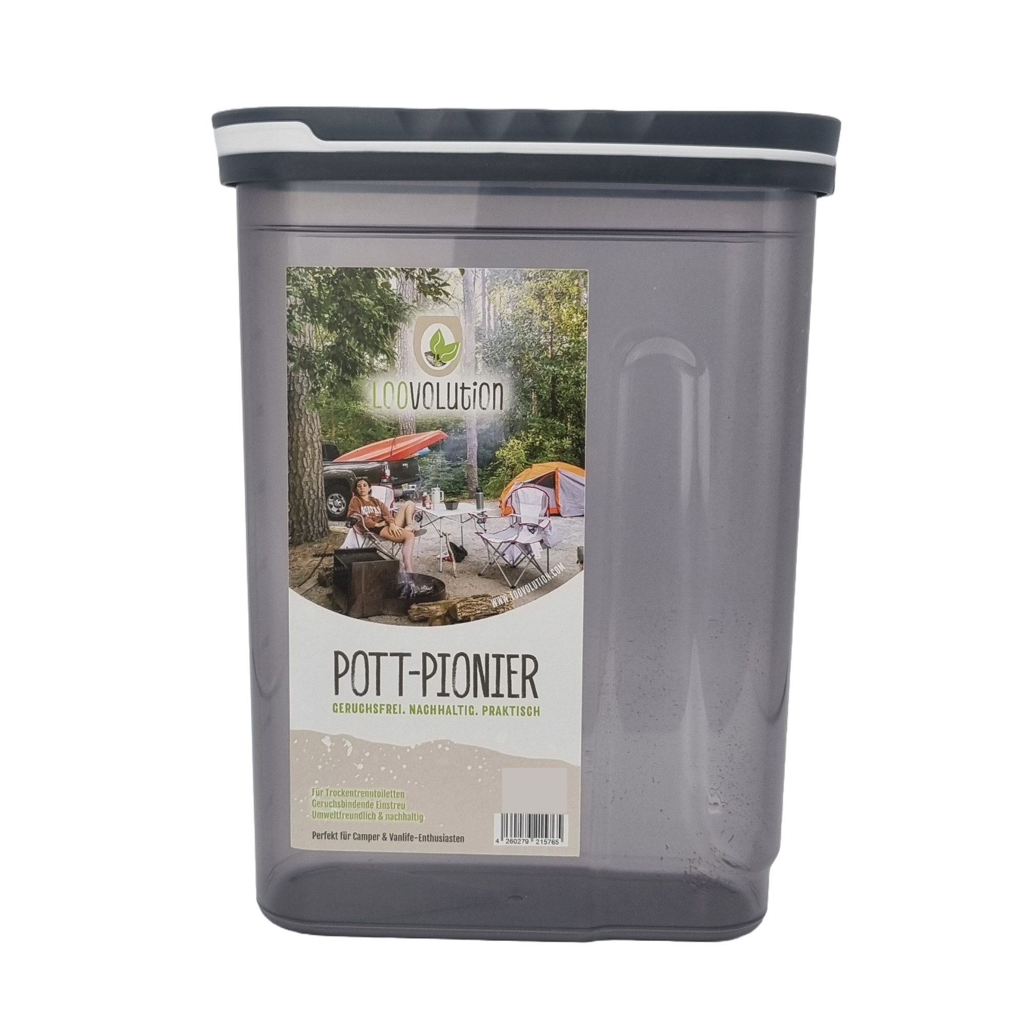 Loovolution Campingtoilette LOOVOLUTION® Pott Pionier Einstreubehälter für 400 g Hanfeinstreu, ideal für Camping, Trockentrenntoilette und als Streuhilfe im Garten