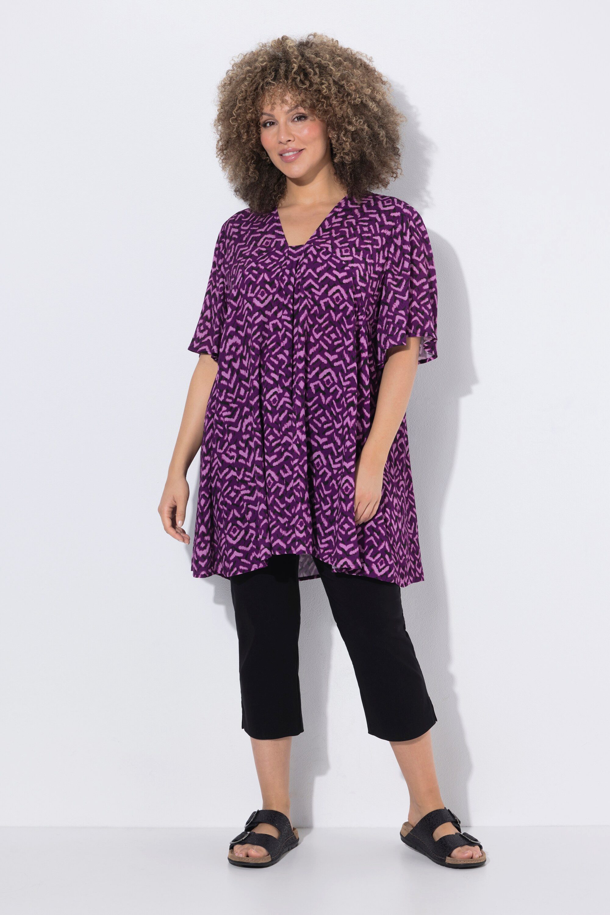 Ulla Popken Longbluse Bluse Zierfalten A-Linie Carré-Ausschnitt